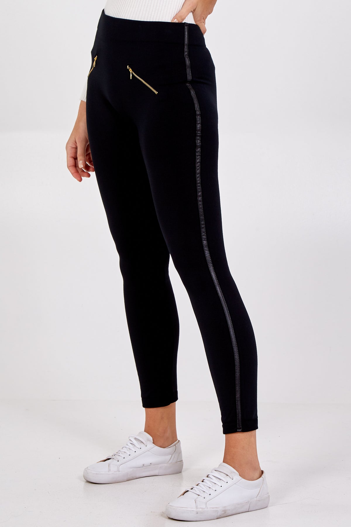 Zip Detail PU Stripe Fleece Lined Legging