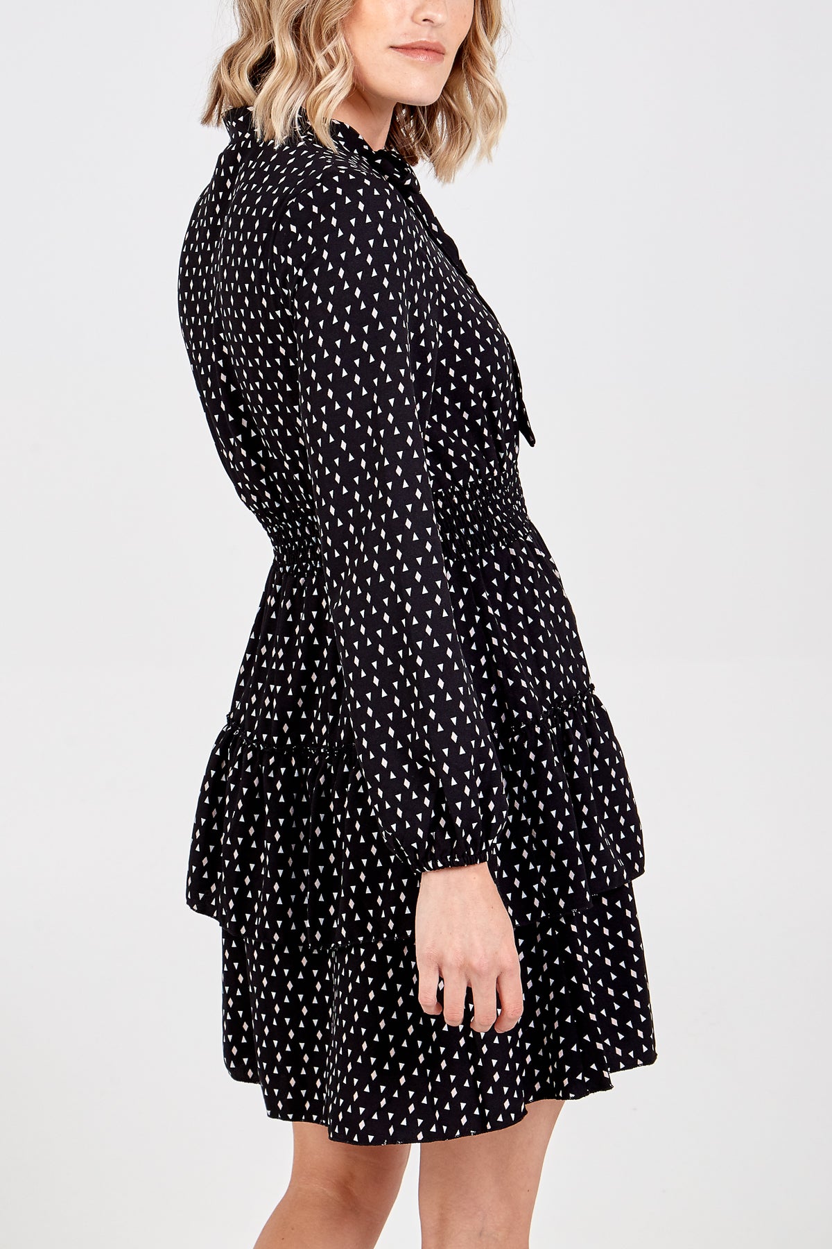 Geometric Print Pussy Bow Layered Mini Dress