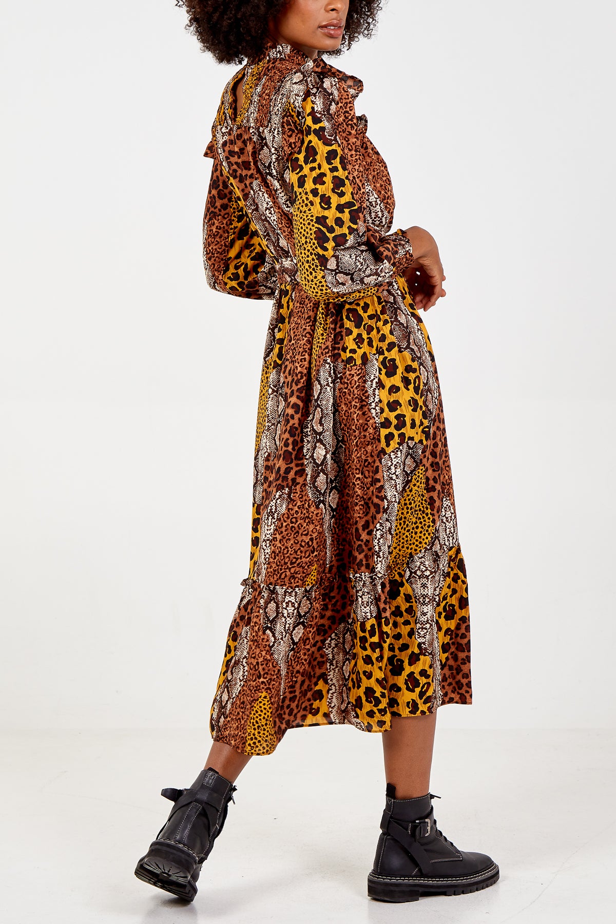 Mixed Animal Print Frilled Maxi Dress