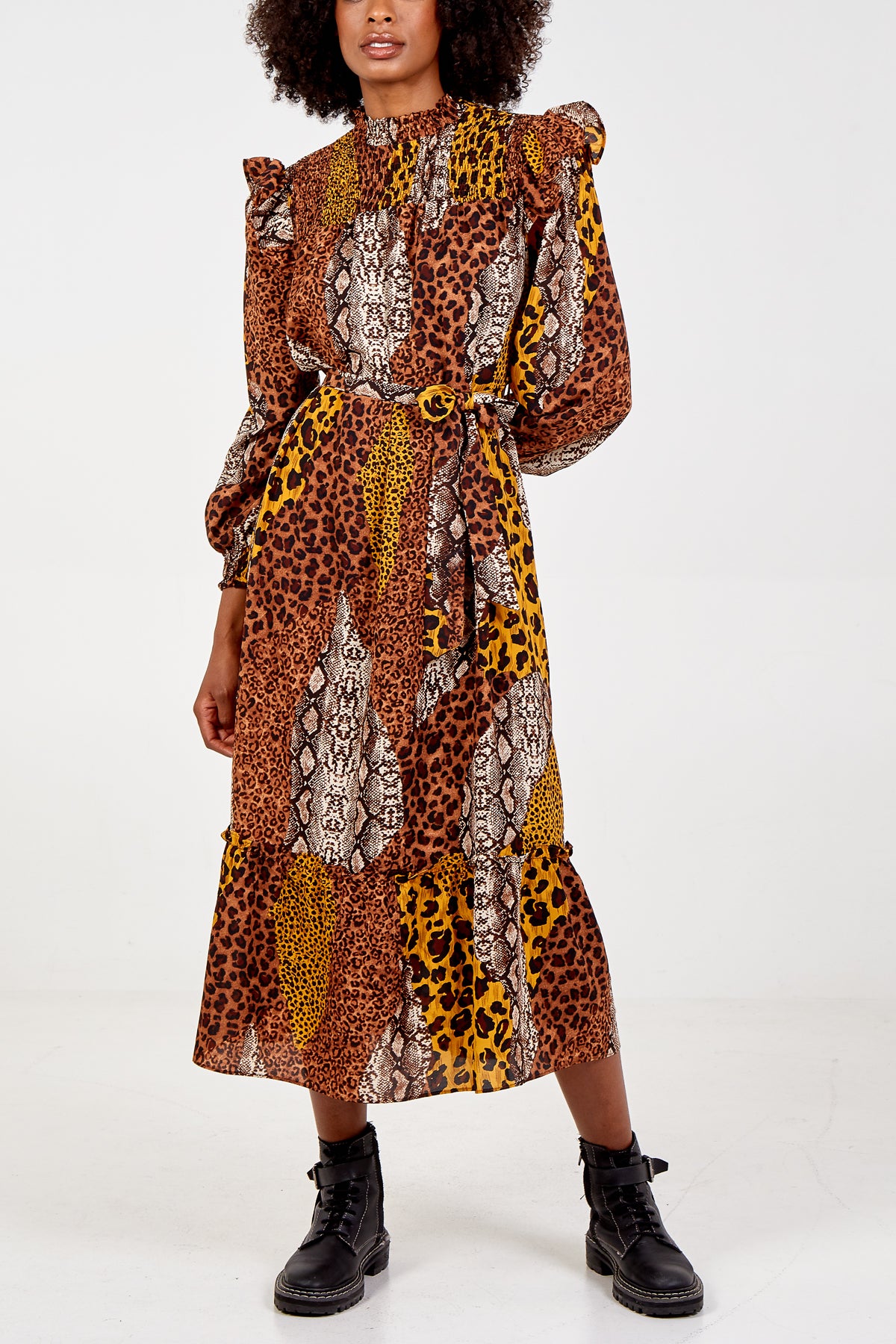 Mixed Animal Print Frilled Maxi Dress