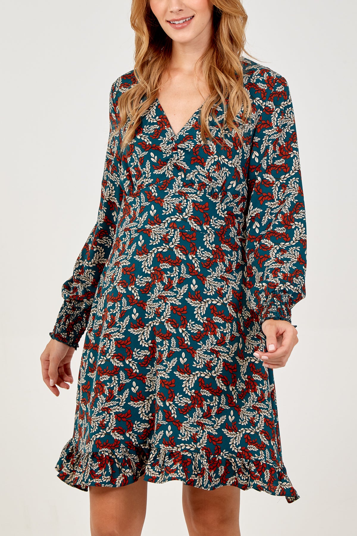 V-Neck Peplum Hem Long Sleeve Dress