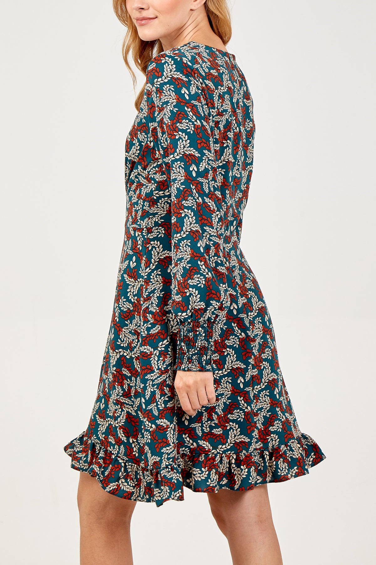 V-Neck Peplum Hem Long Sleeve Dress