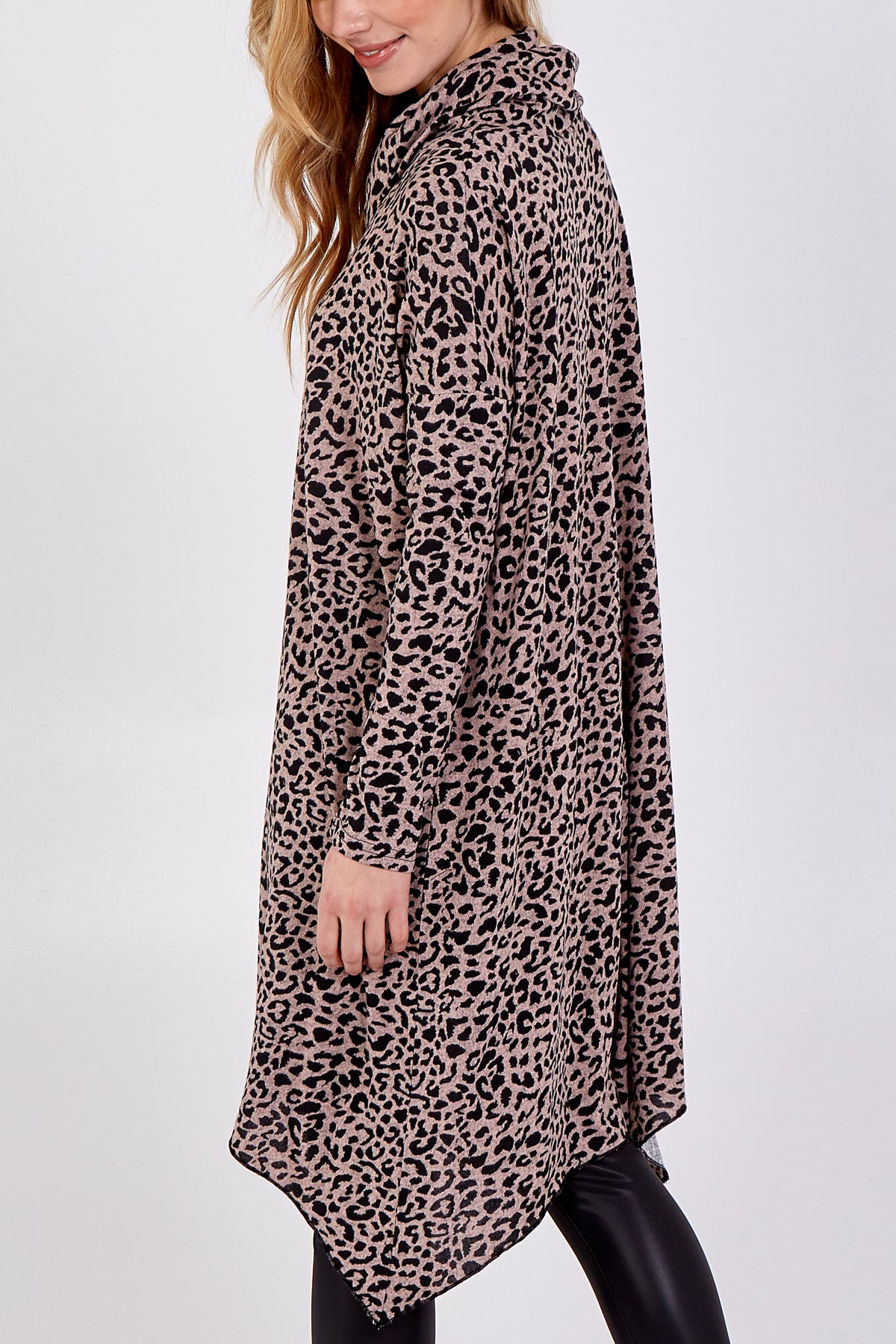 Leopard Print Wavy Hem Cowl Neck Oversized Top