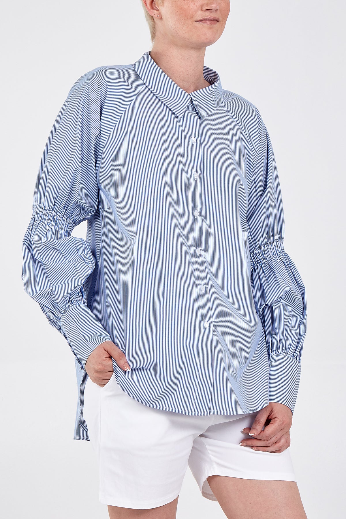 Stripe High Low Shirred Sleeve Detail Shirt