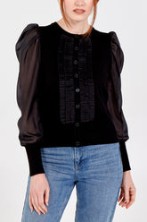 Woven Sleeve Ruffle Front Cardigan