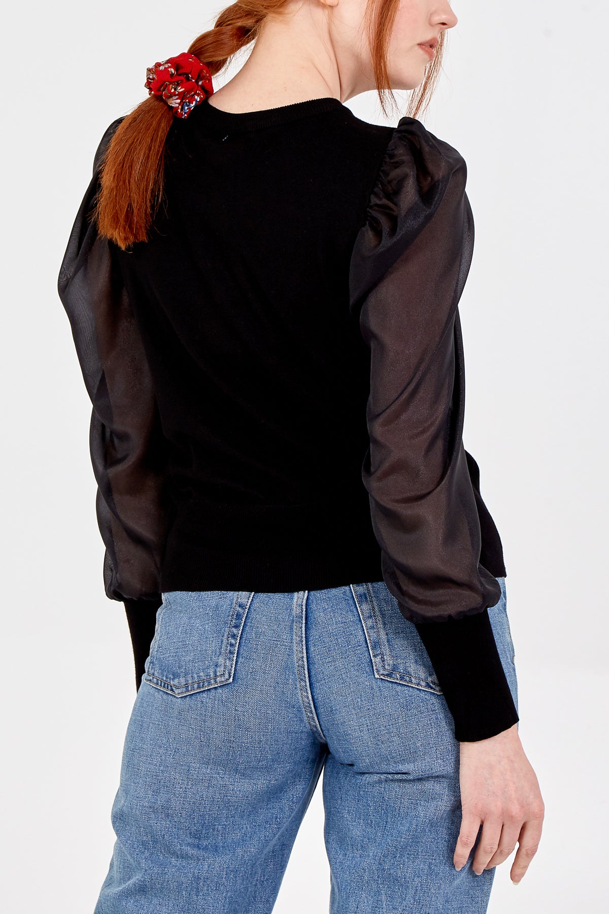 Woven Sleeve Ruffle Front Cardigan