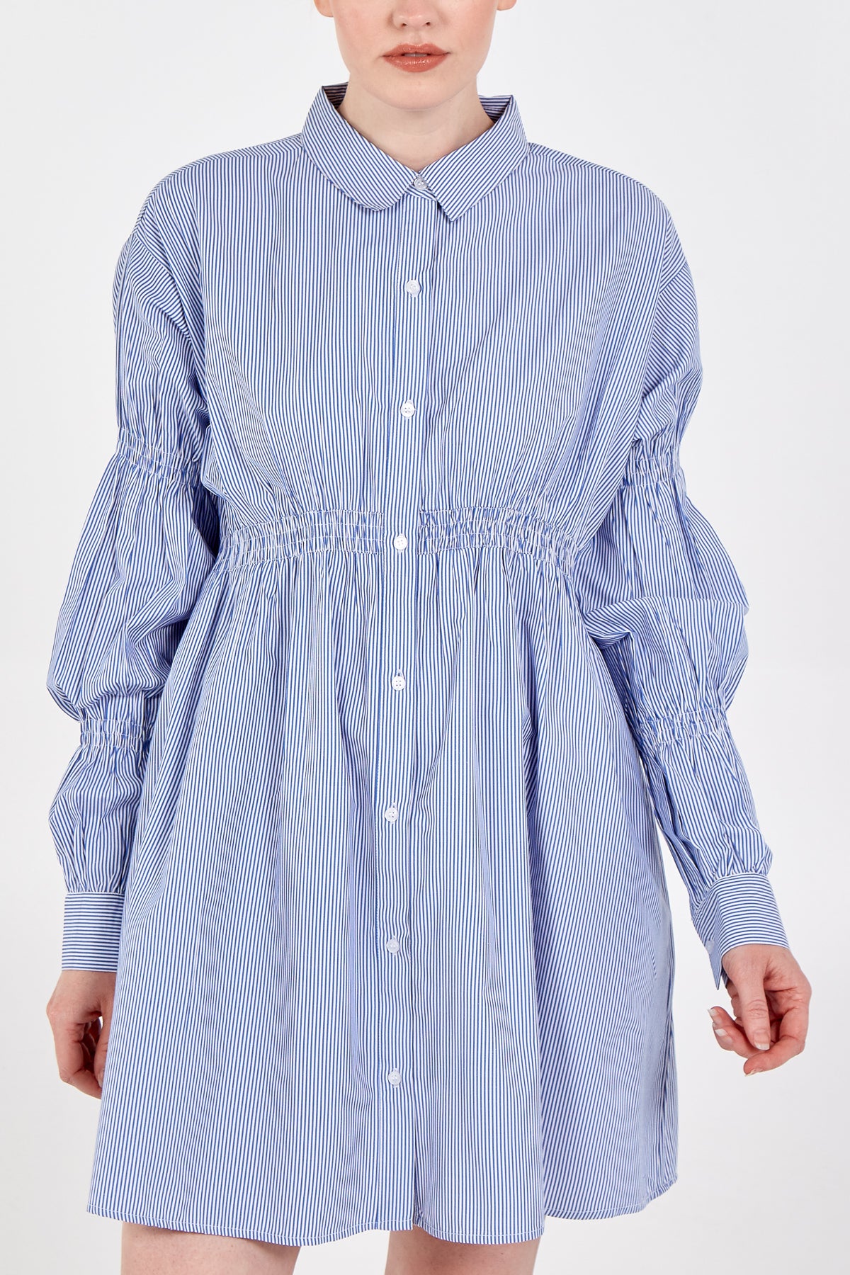 Striped Shirred Waist Shirt Dress