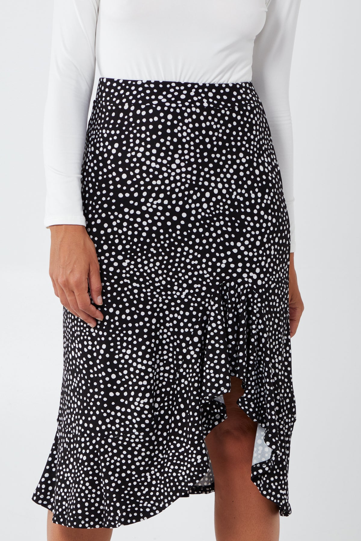 Random Spot Print Asymmetric Frill Hem Soft Touch Midi Skirt