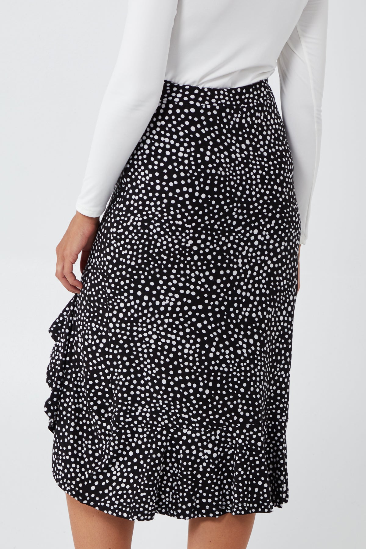 Random Spot Print Asymmetric Frill Hem Soft Touch Midi Skirt