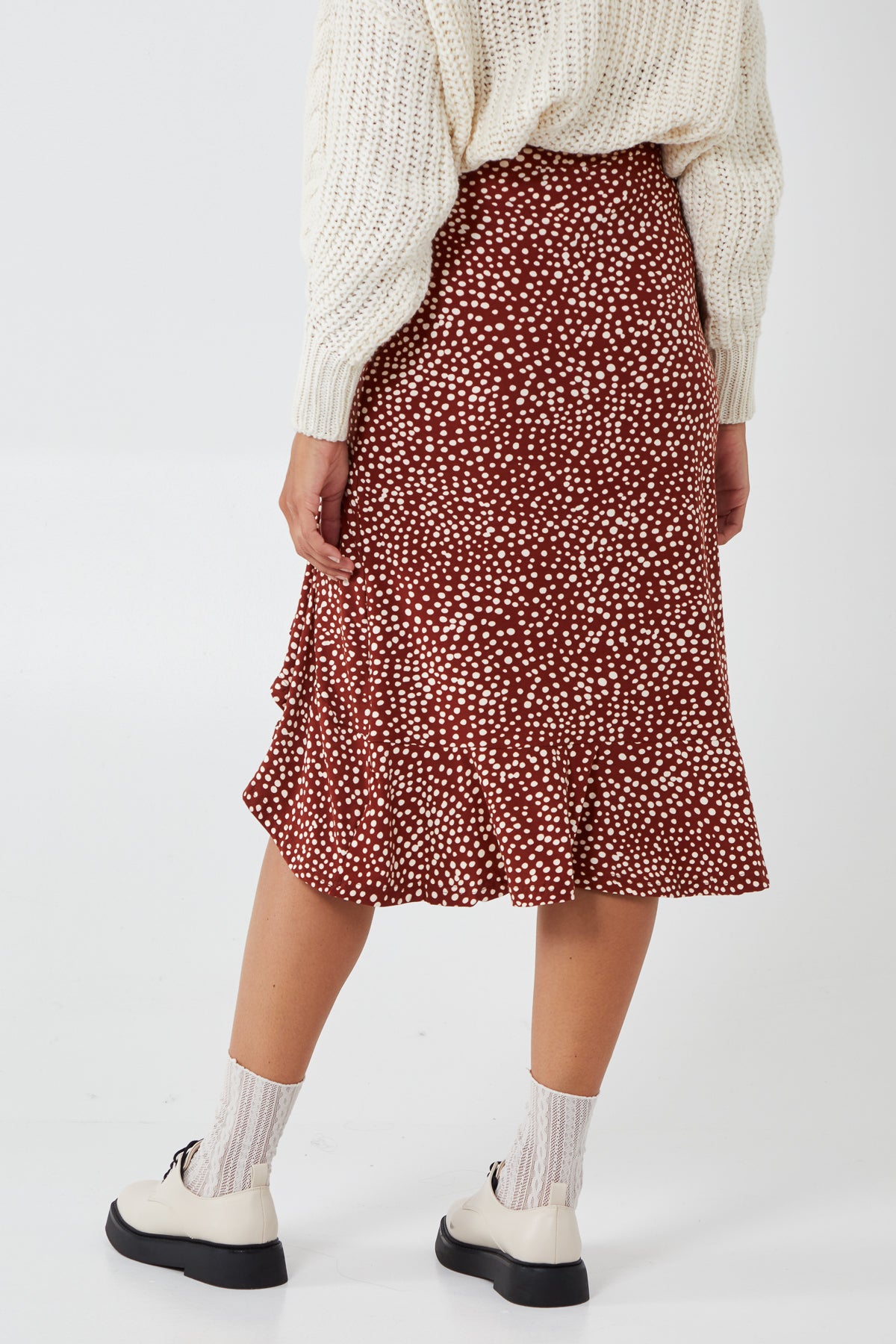 Random Spot Print Asymmetric Frill Hem Soft Touch Midi Skirt