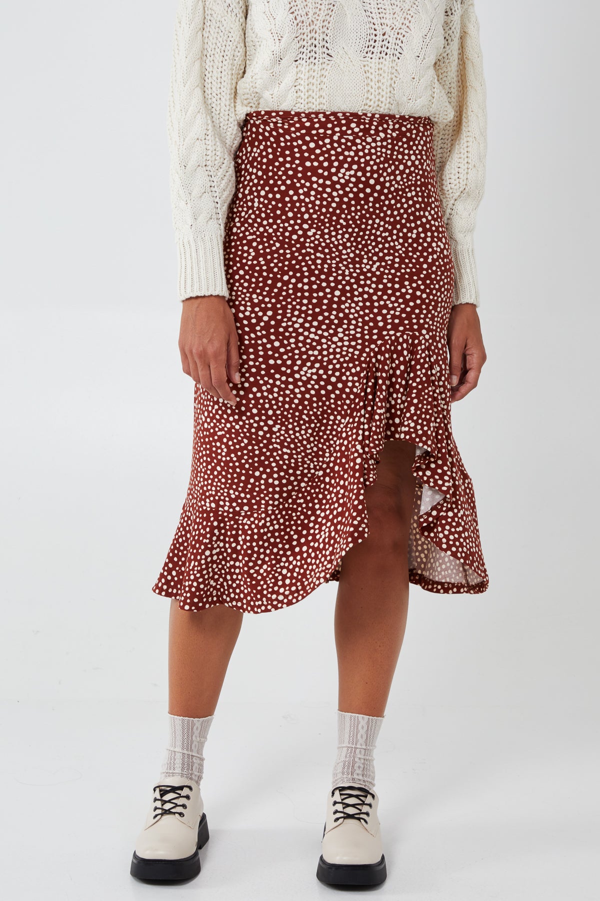 Random Spot Print Asymmetric Frill Hem Soft Touch Midi Skirt