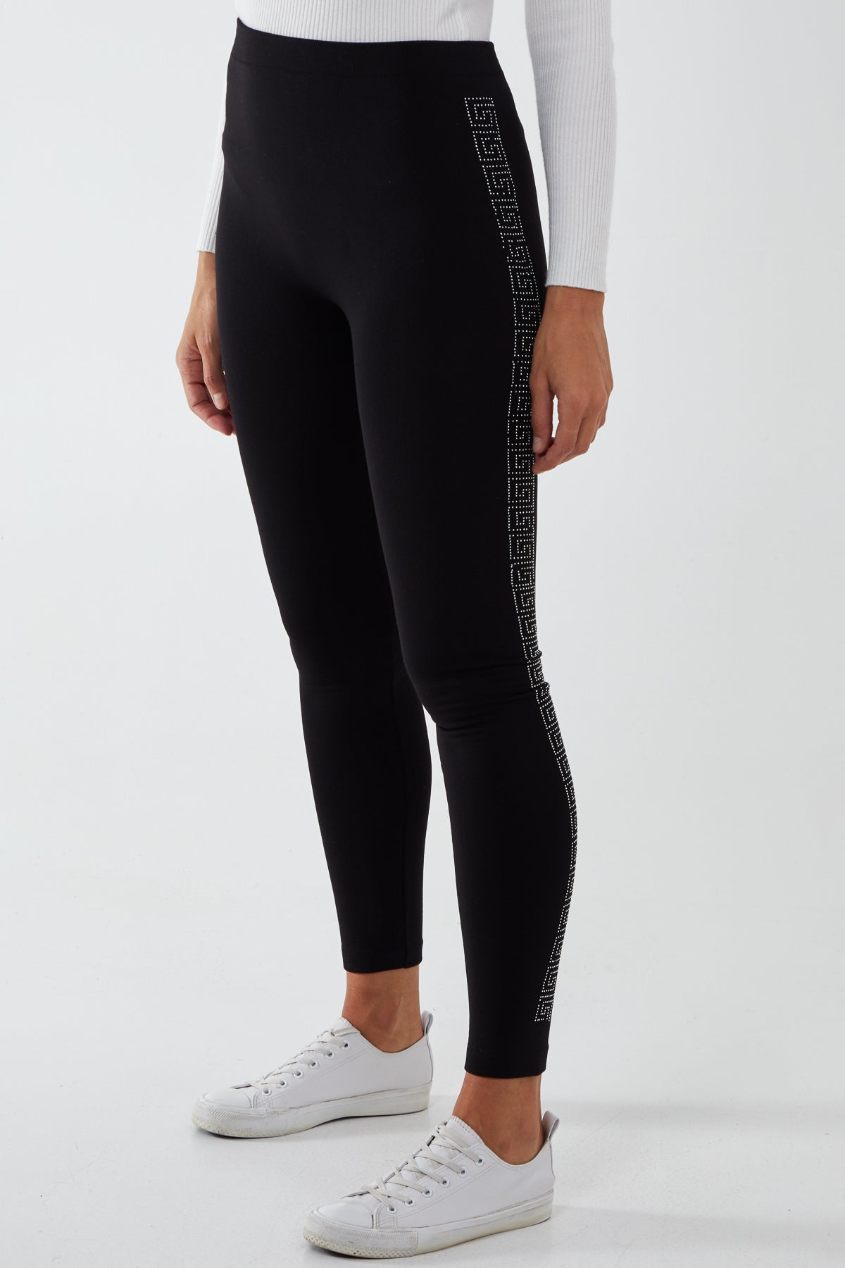 Fleece Lined Leggings With Side Geometric Diamante Pattern