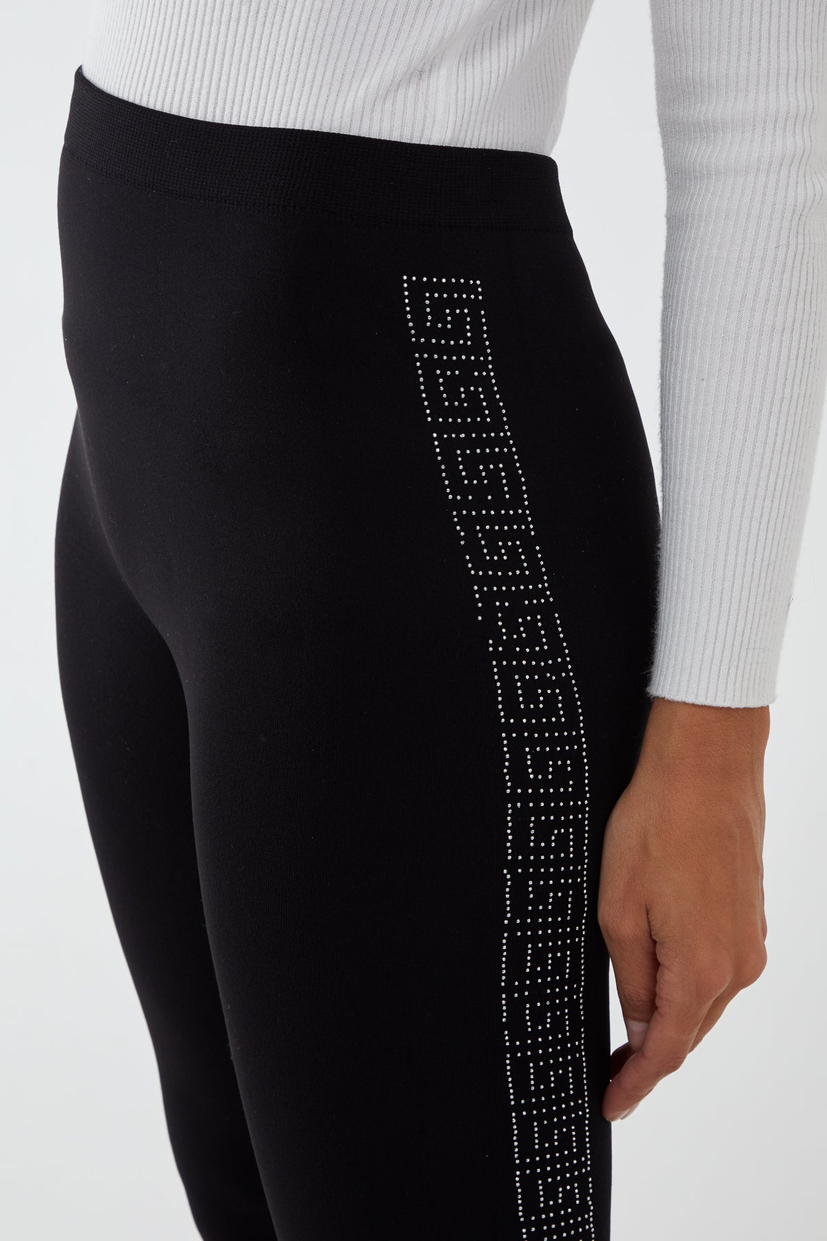 Fleece Lined Leggings With Side Geometric Diamante Pattern