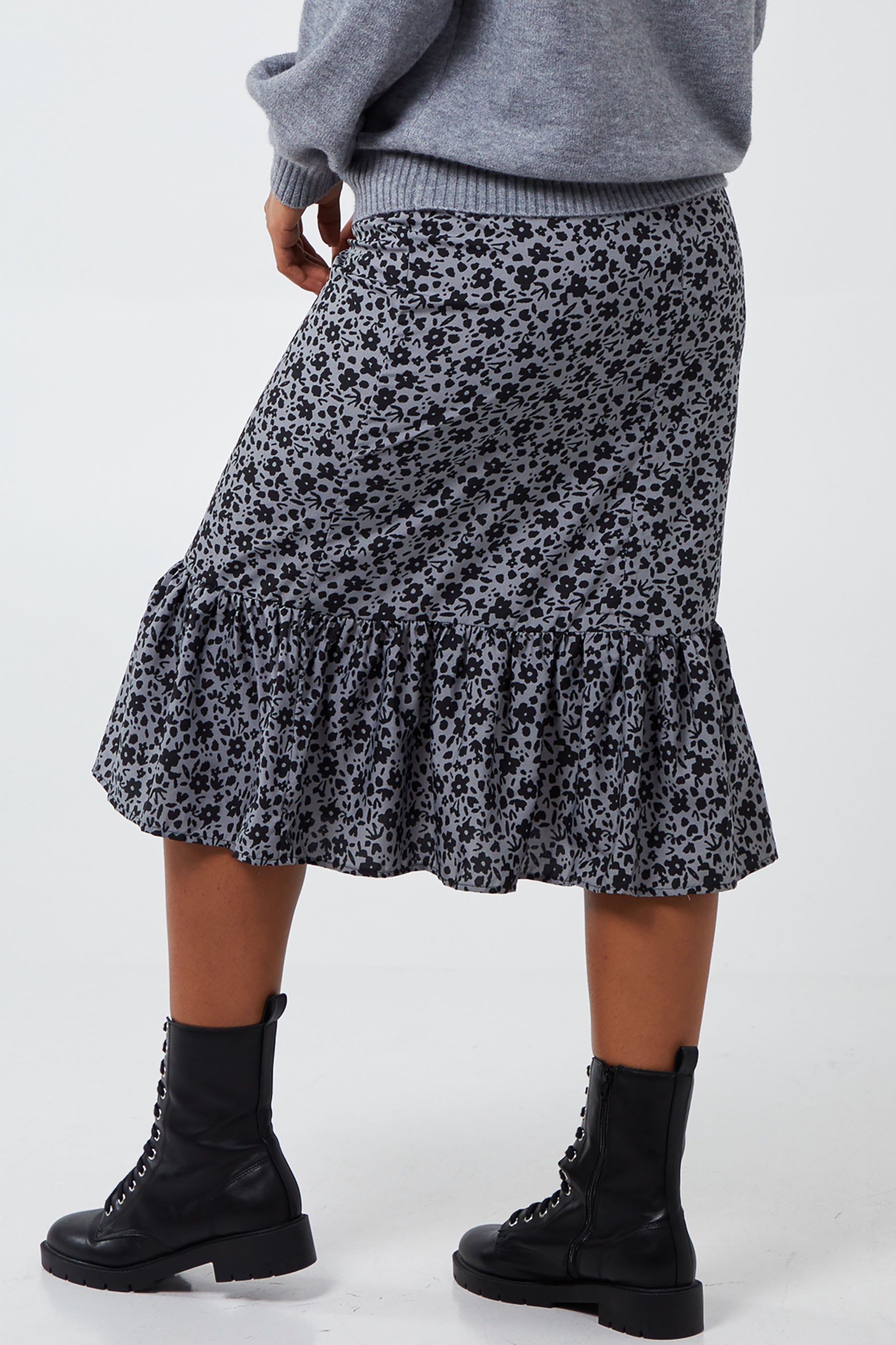 Floral Print Gathered Tiered Midi Skirt
