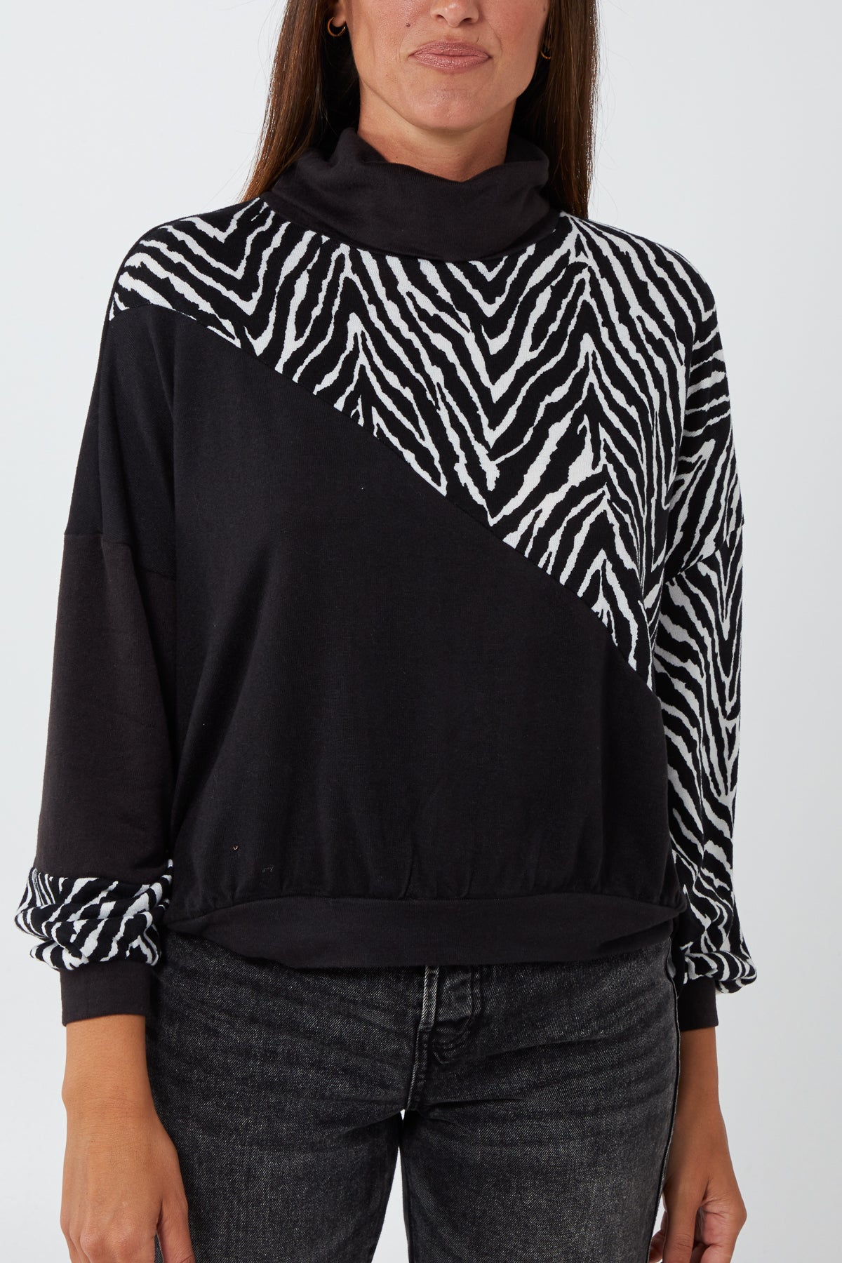 Zebra Pattern Block Roll Neck Jumper