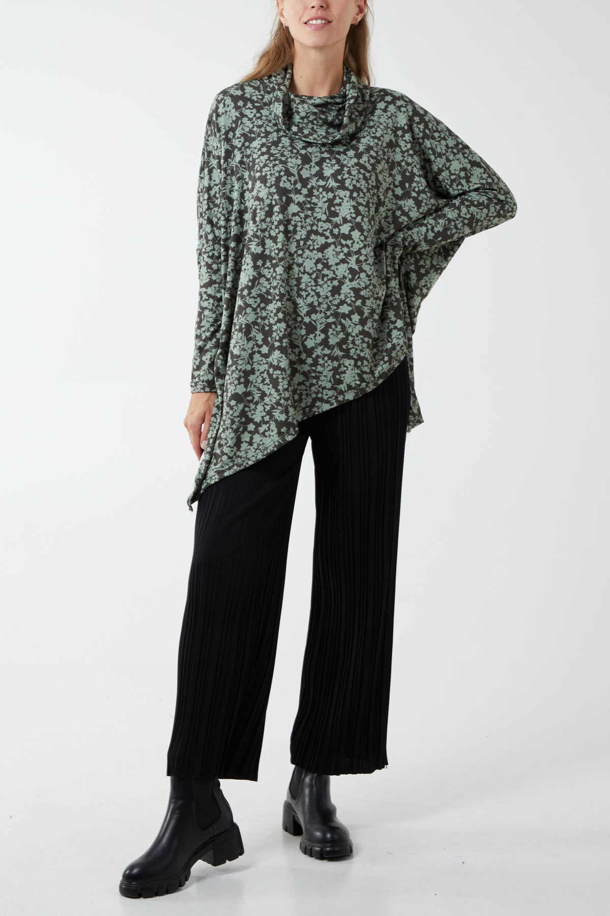 Kate Floral Print Roll Neck Asymmetric Oversized Top