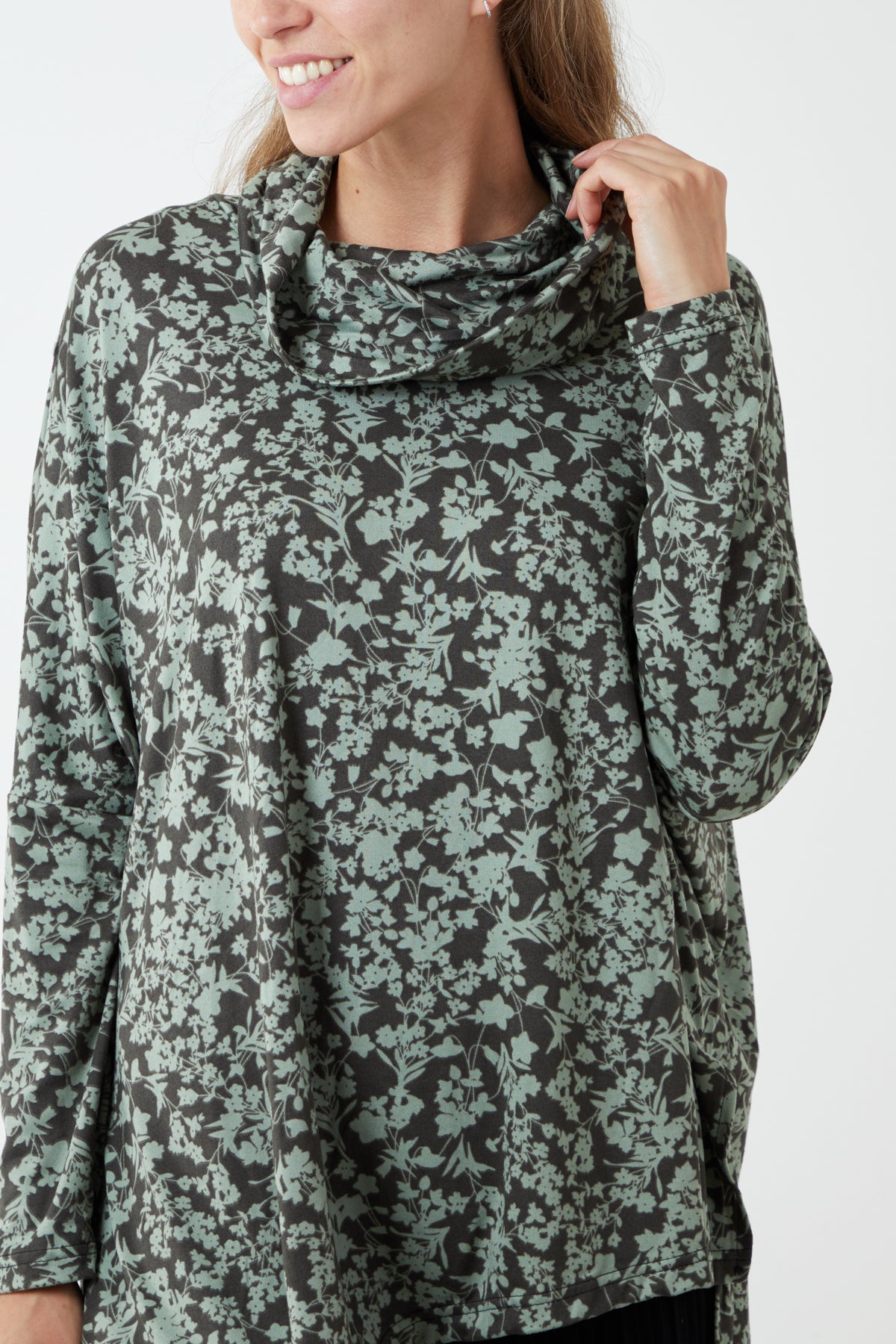 Kate Floral Print Roll Neck Asymmetric Oversized Top
