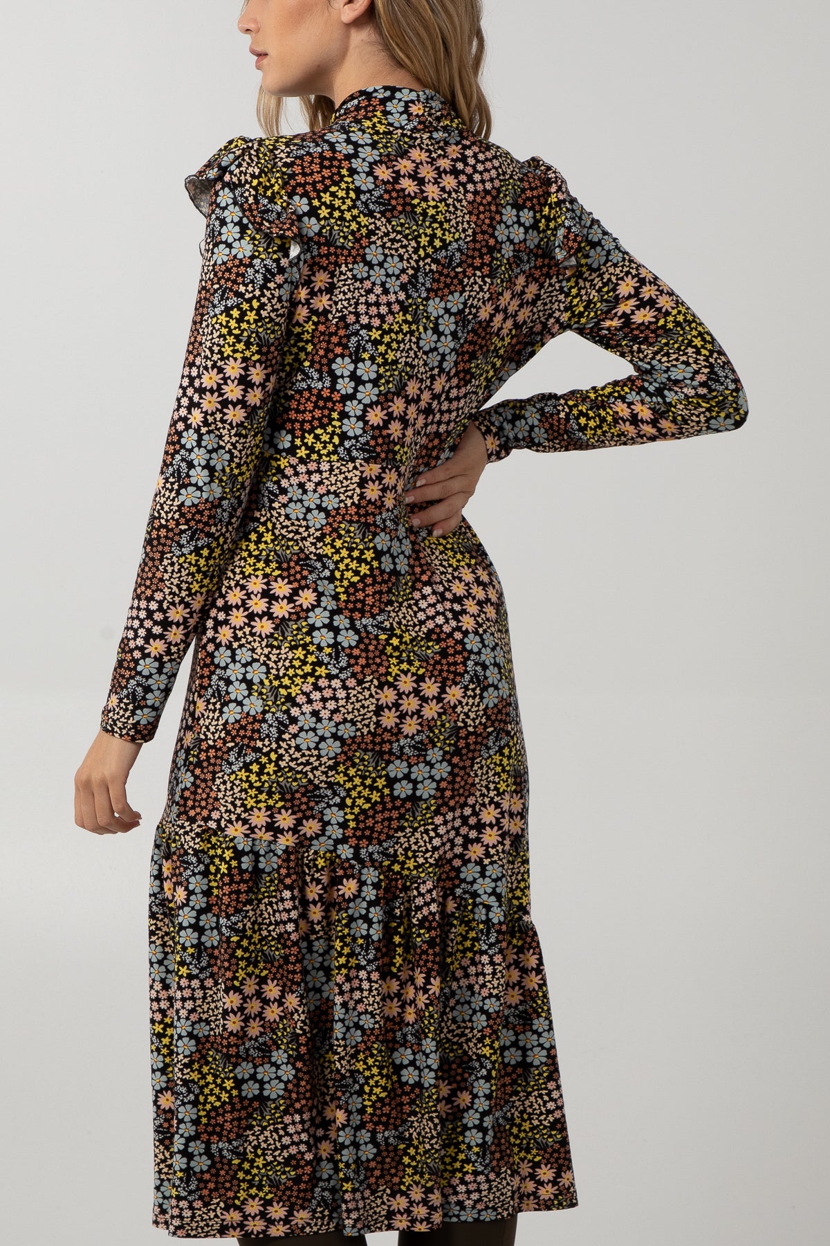 Tie Neck Tier Bottom Soft Touch Midi Dress