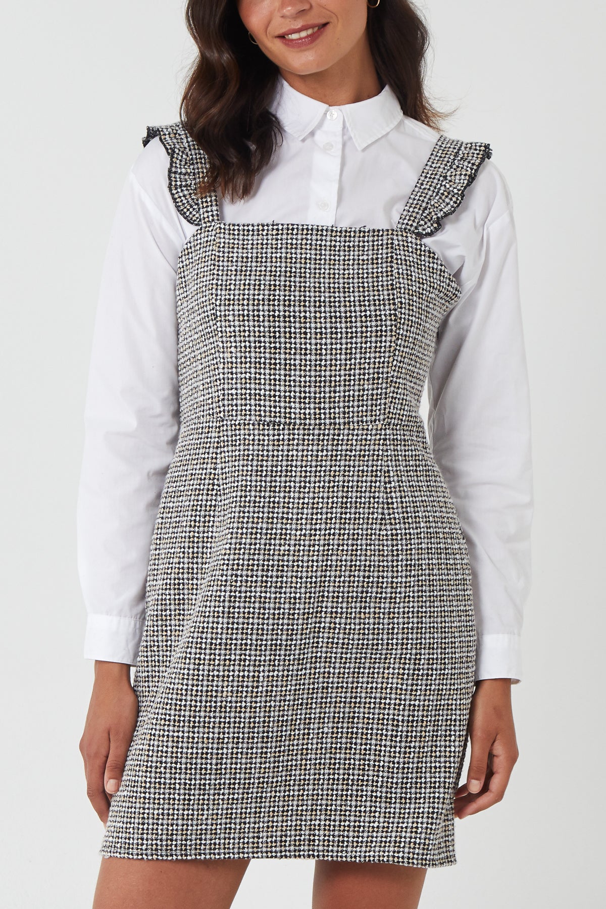 Ruffle Straps Tweed Pinafore Dress
