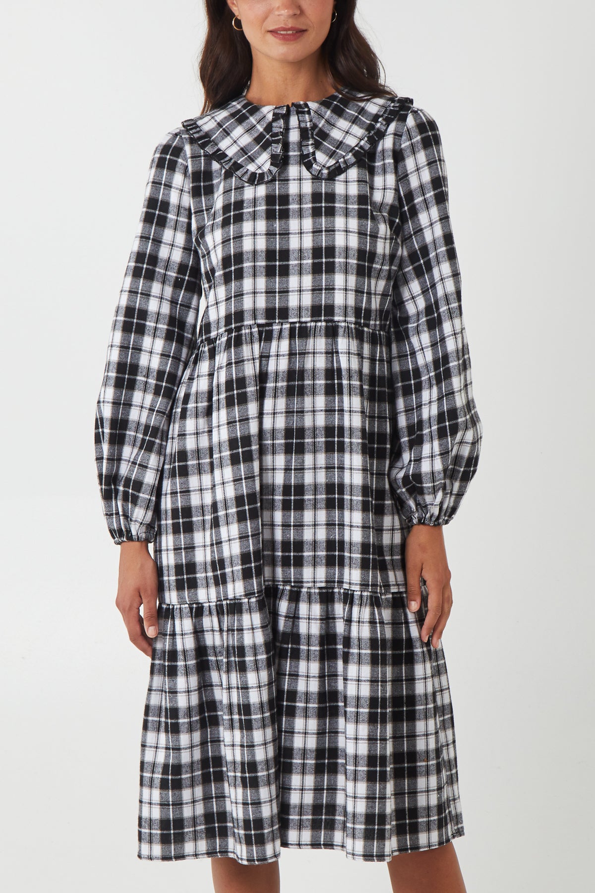 Frill Collar Tartan Tiered Midi Dress