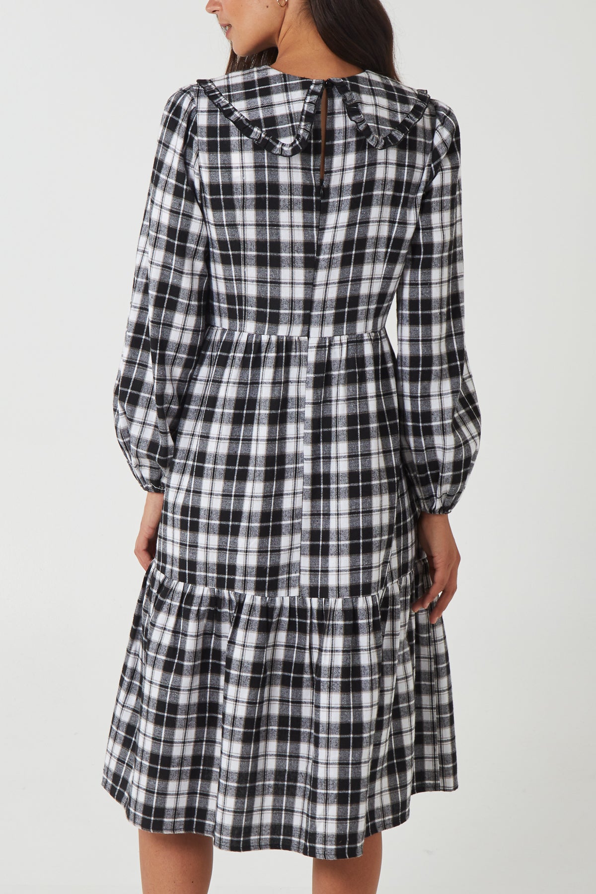 Frill Collar Tartan Tiered Midi Dress