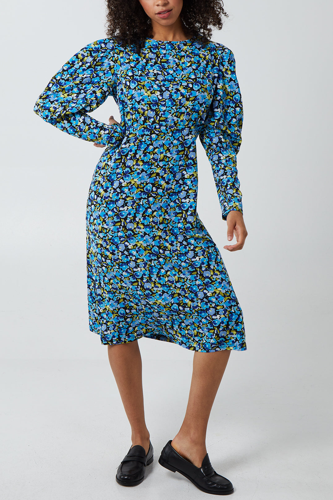 Floral Print Contrast Sleeve Midi Dress