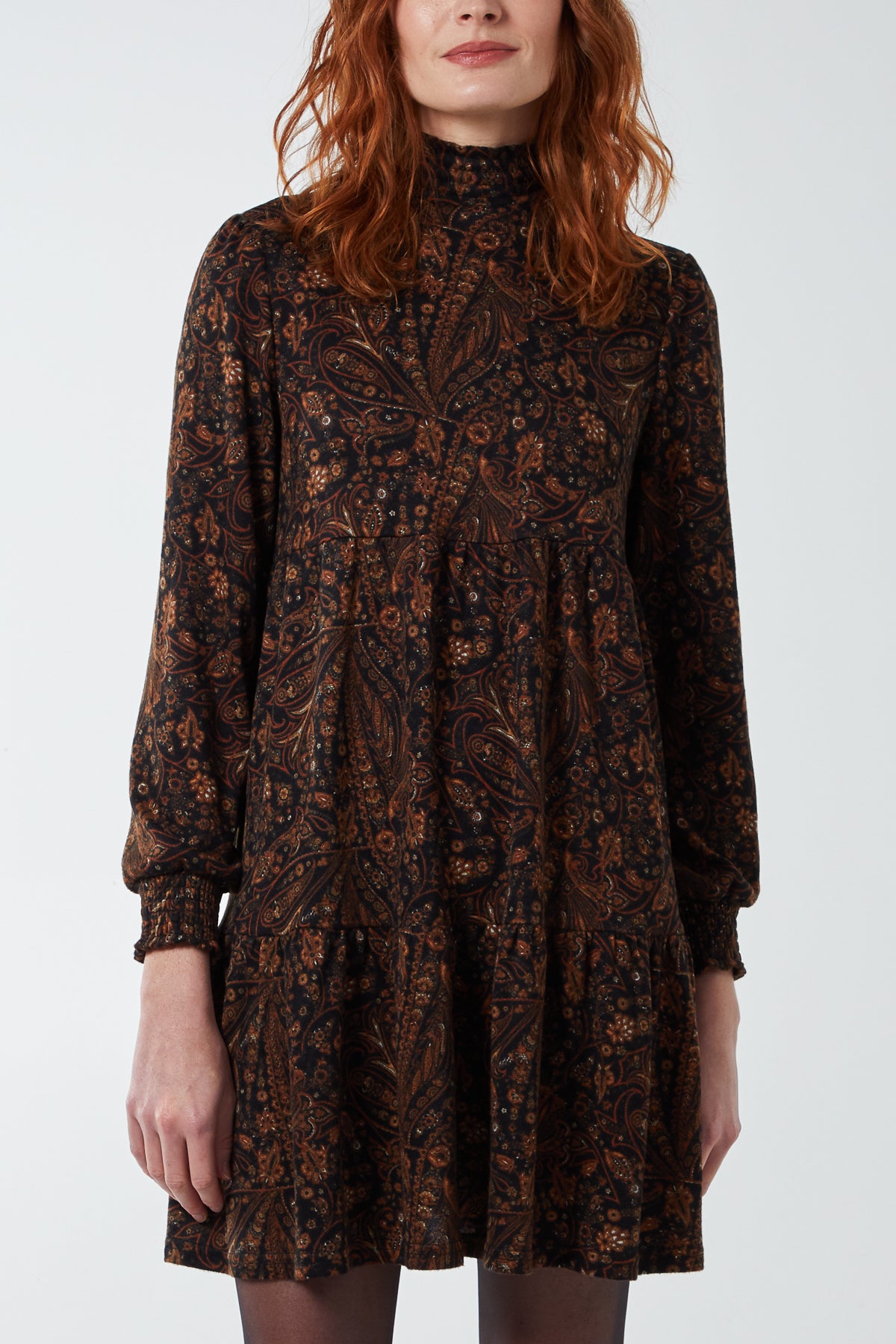 Shirring High Neck Paisley Smock Dress