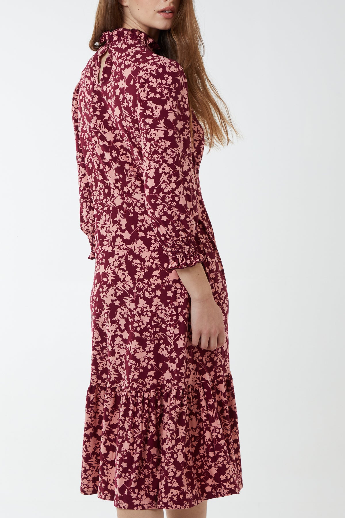Floral Shirring High Neck & Cuff Soft Touch Midi Stretch Dress