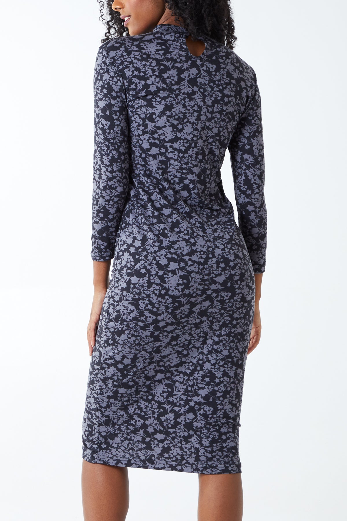 Floral Print 3/4 Sleeve Length High Neck Midi