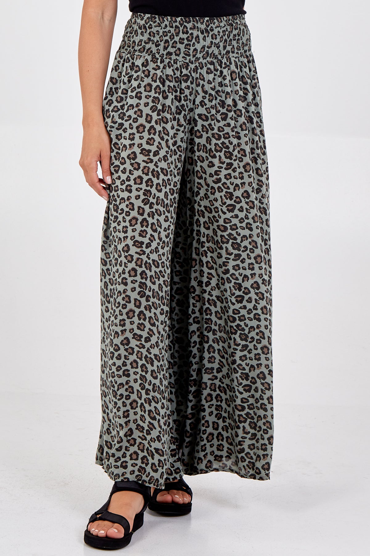 Leopard Print Ruched Waist Wide Leg Trousers