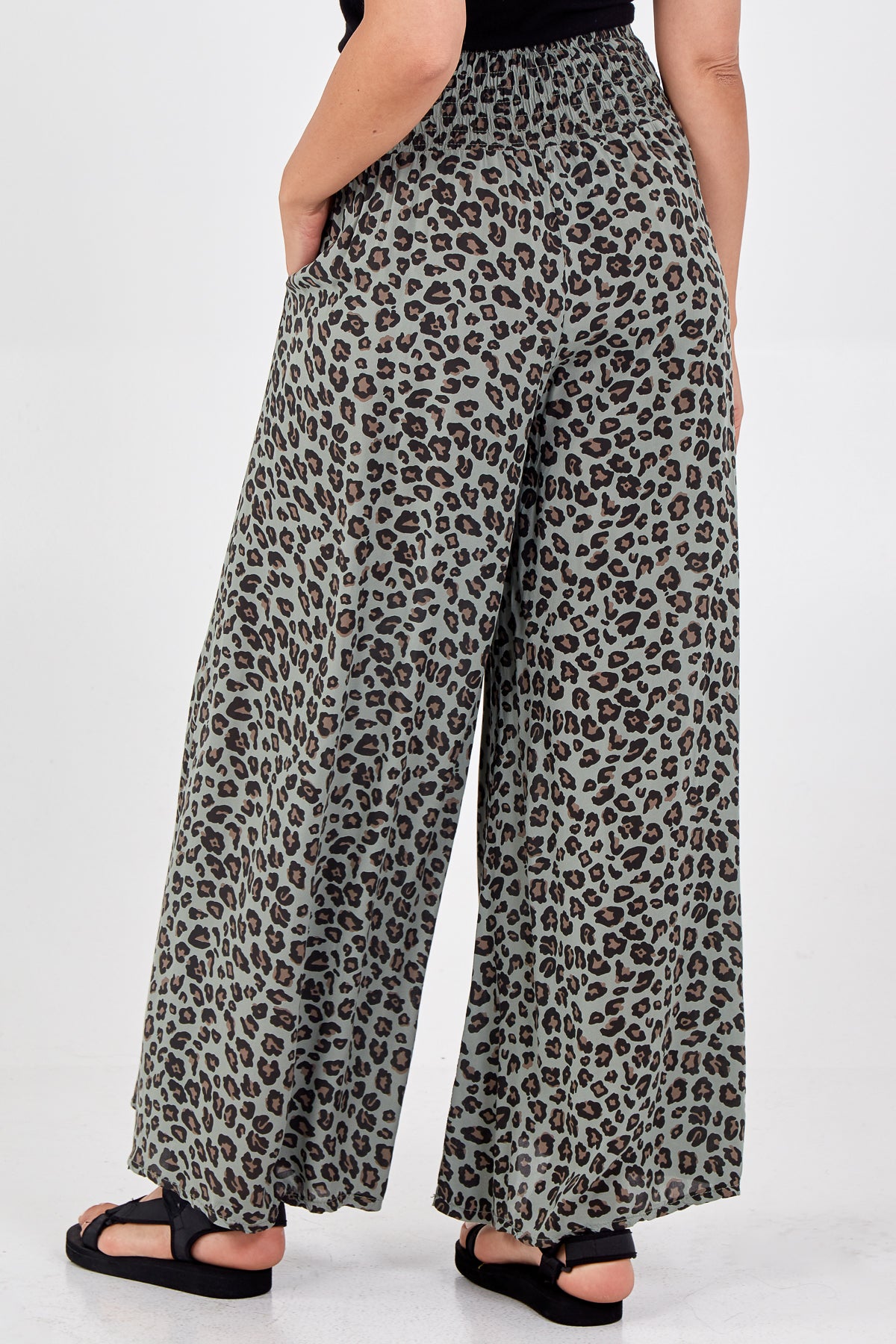 Leopard Print Ruched Waist Wide Leg Trousers