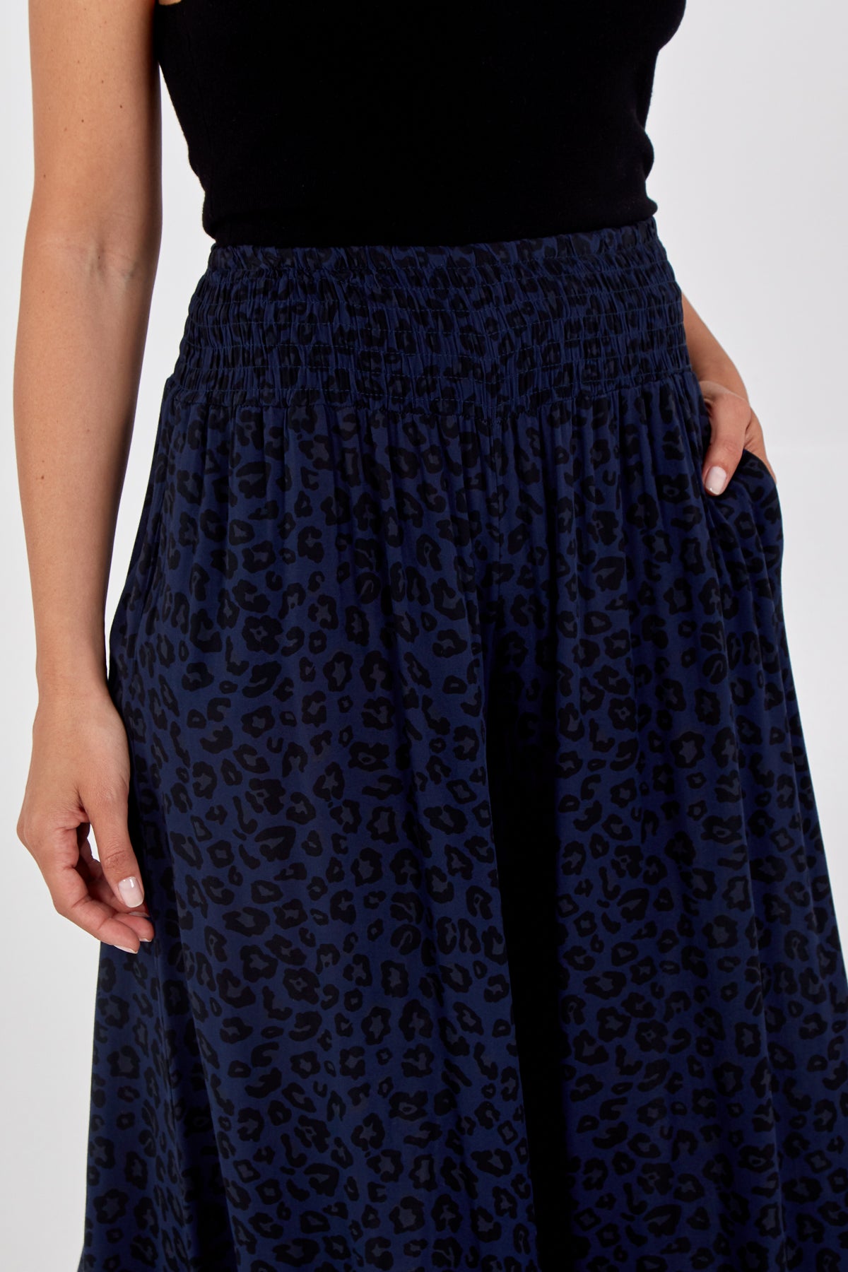 Leopard Print Ruched Waist Wide Leg Trousers