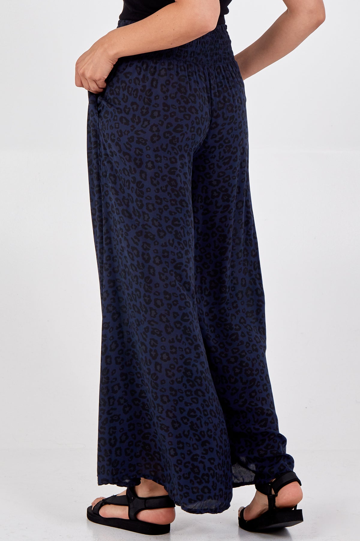 Leopard Print Ruched Waist Wide Leg Trousers