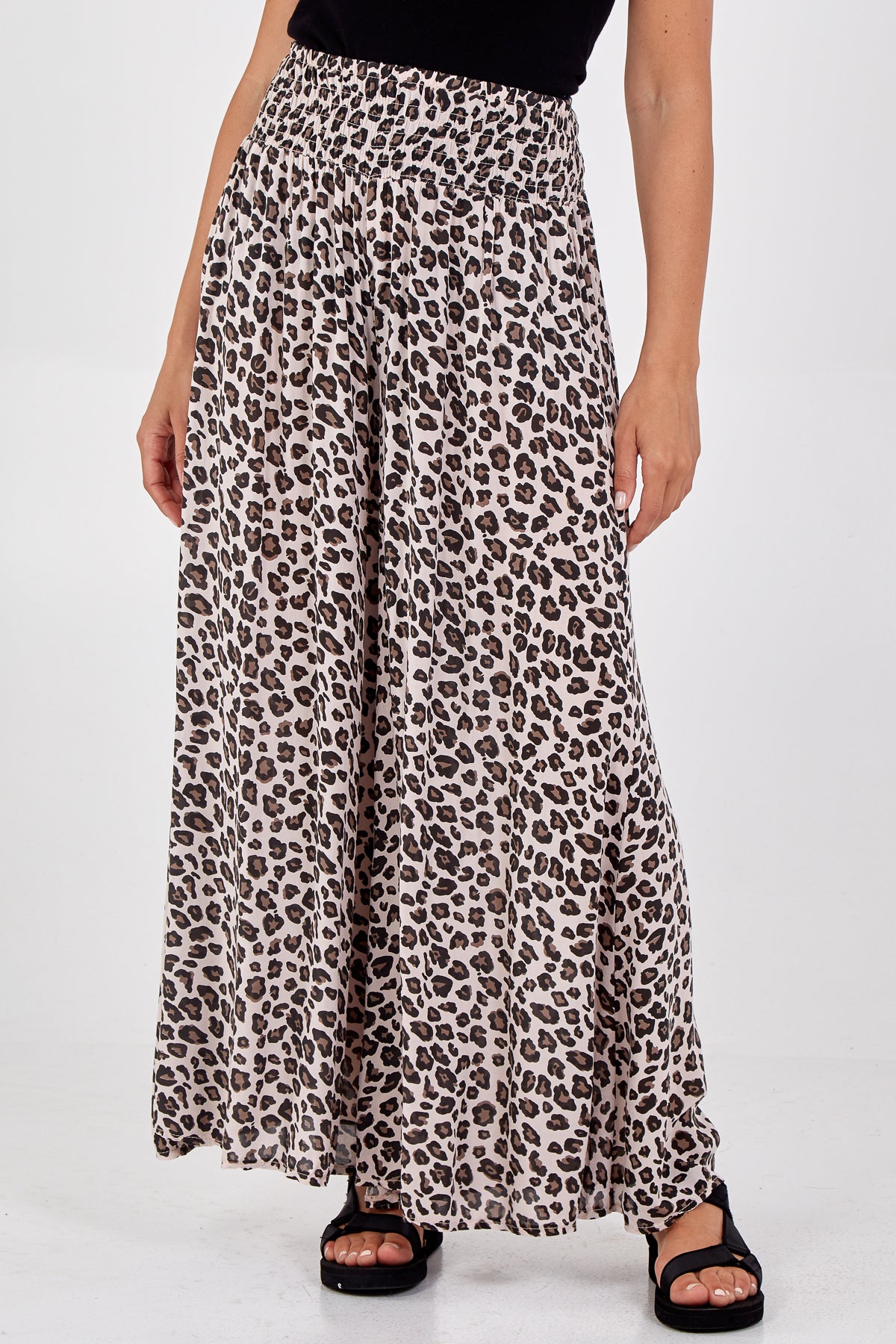 Leopard Print Ruched Waist Wide Leg Trousers