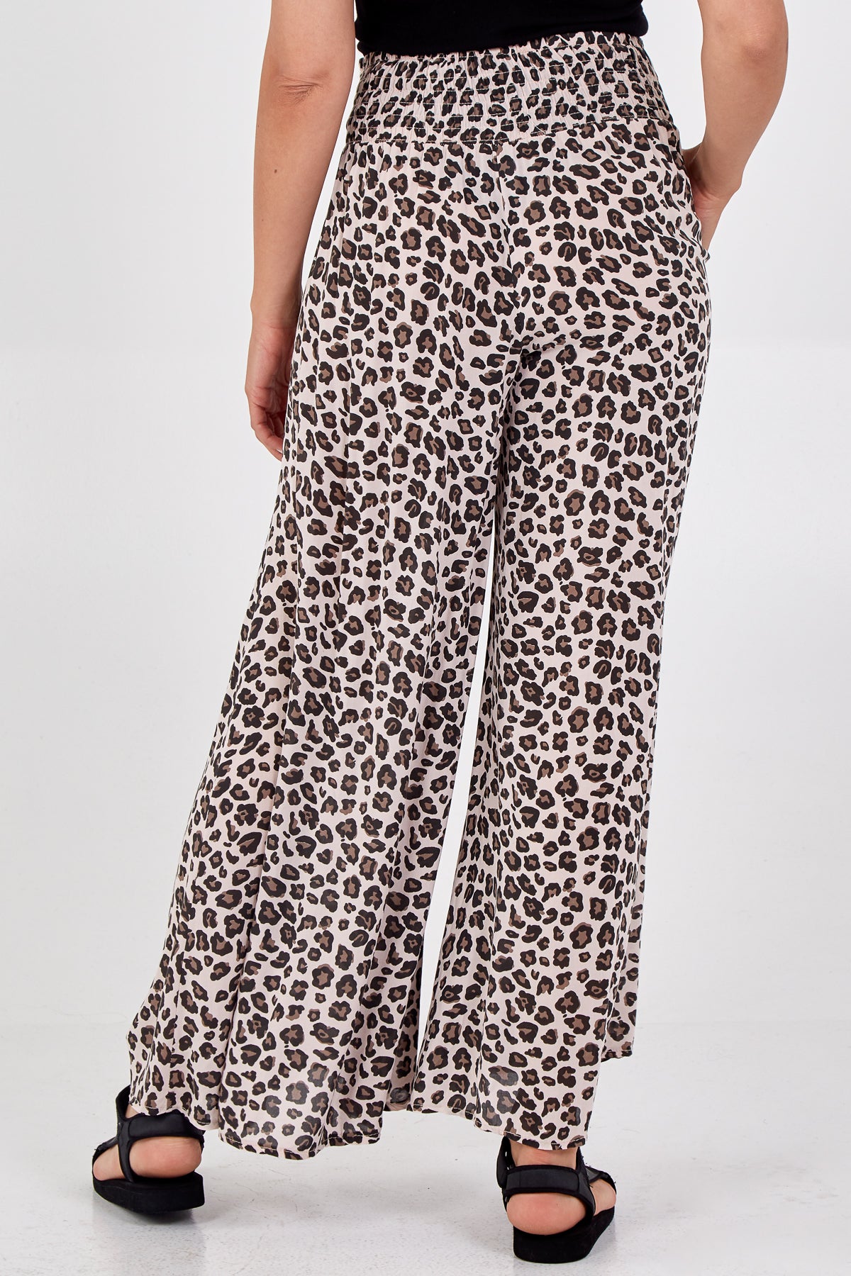 Leopard Print Ruched Waist Wide Leg Trousers