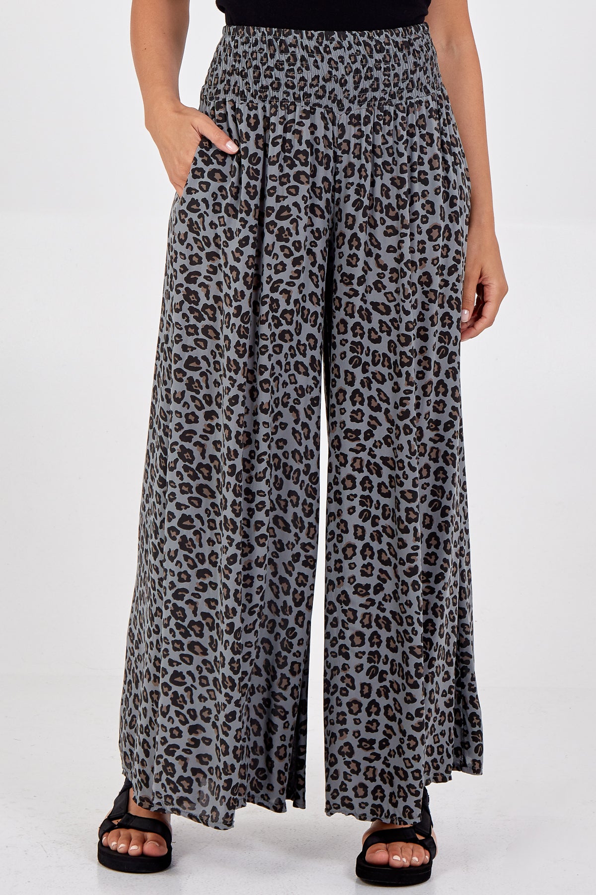 Leopard Print Ruched Waist Wide Leg Trousers
