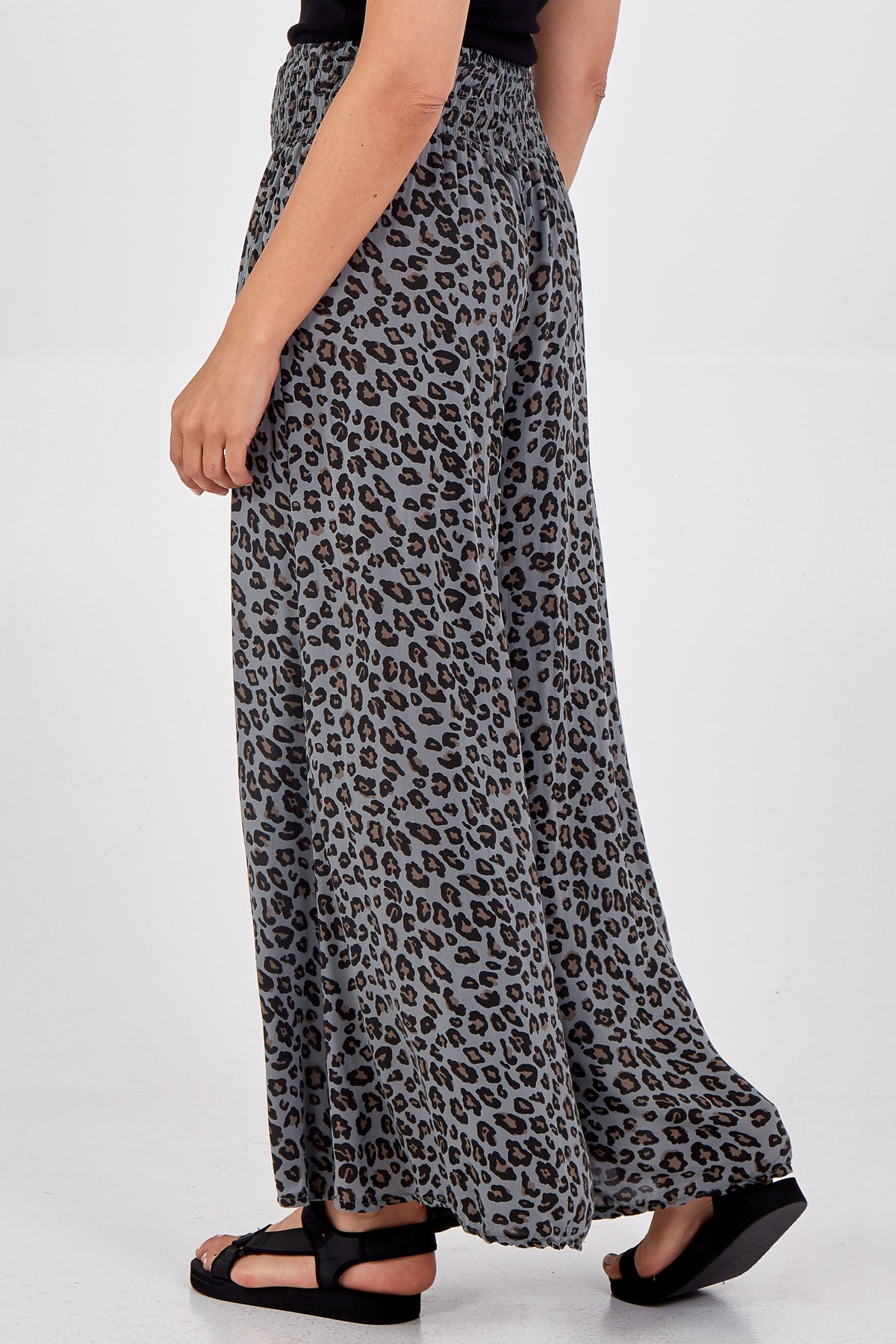 Leopard Print Ruched Waist Wide Leg Trousers