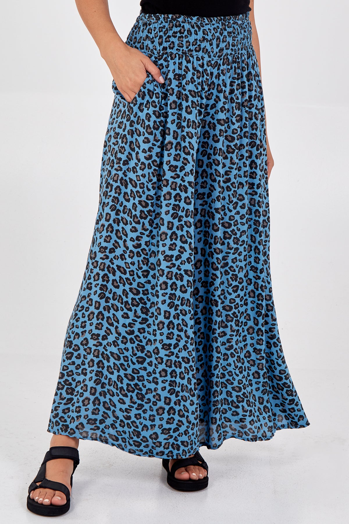 Leopard Print Ruched Waist Wide Leg Trousers
