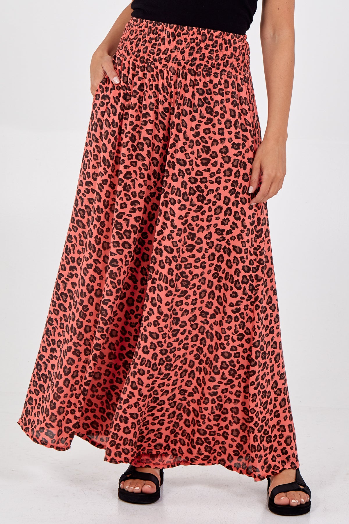 Leopard Print Ruched Waist Wide Leg Trousers