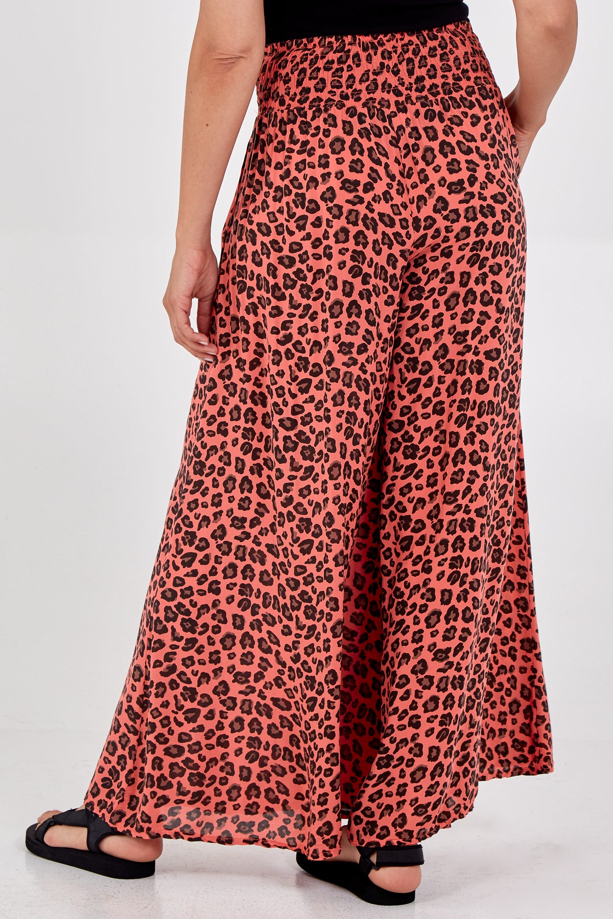 Leopard Print Ruched Waist Wide Leg Trousers