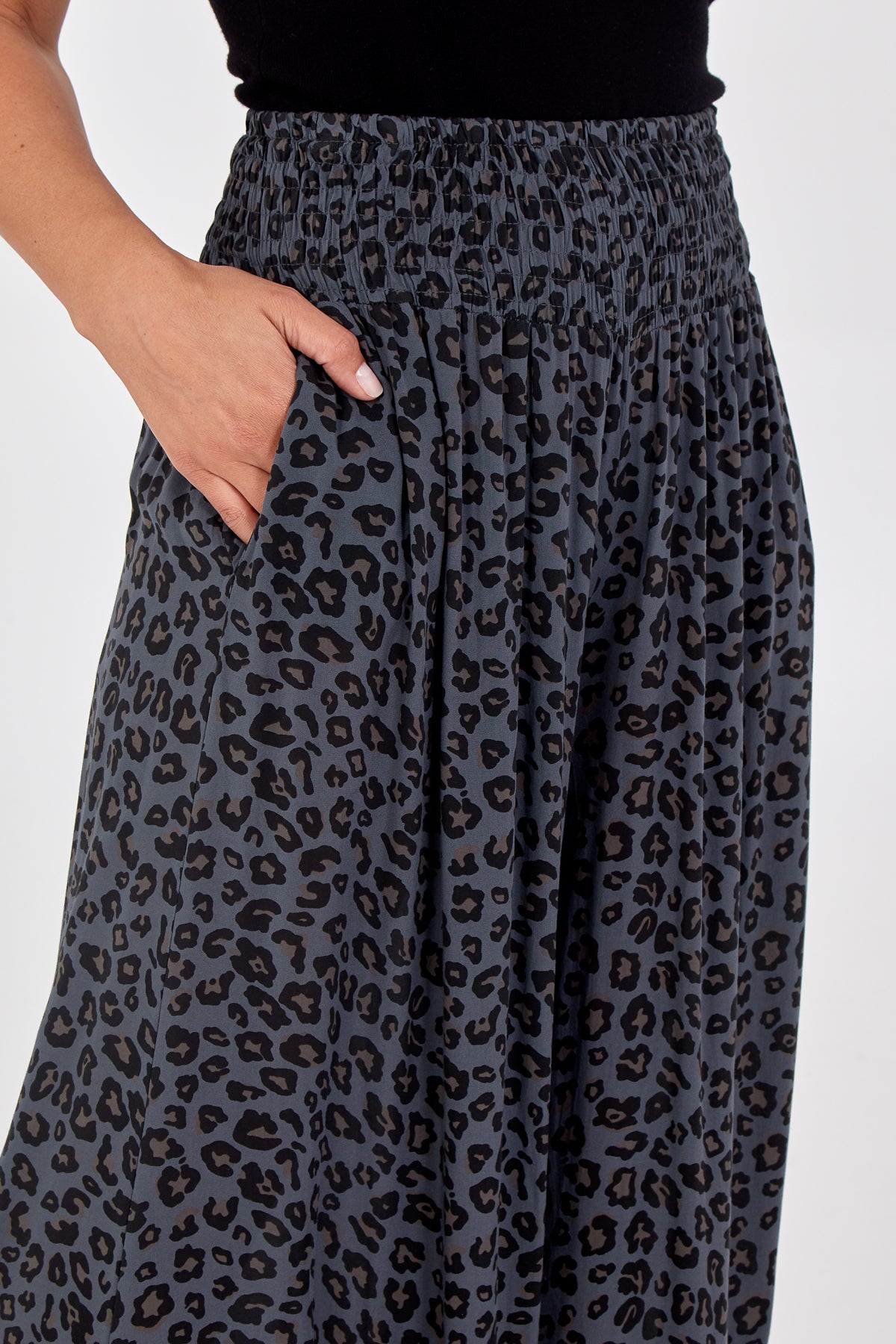 Leopard Print Ruched Waist Wide Leg Trousers