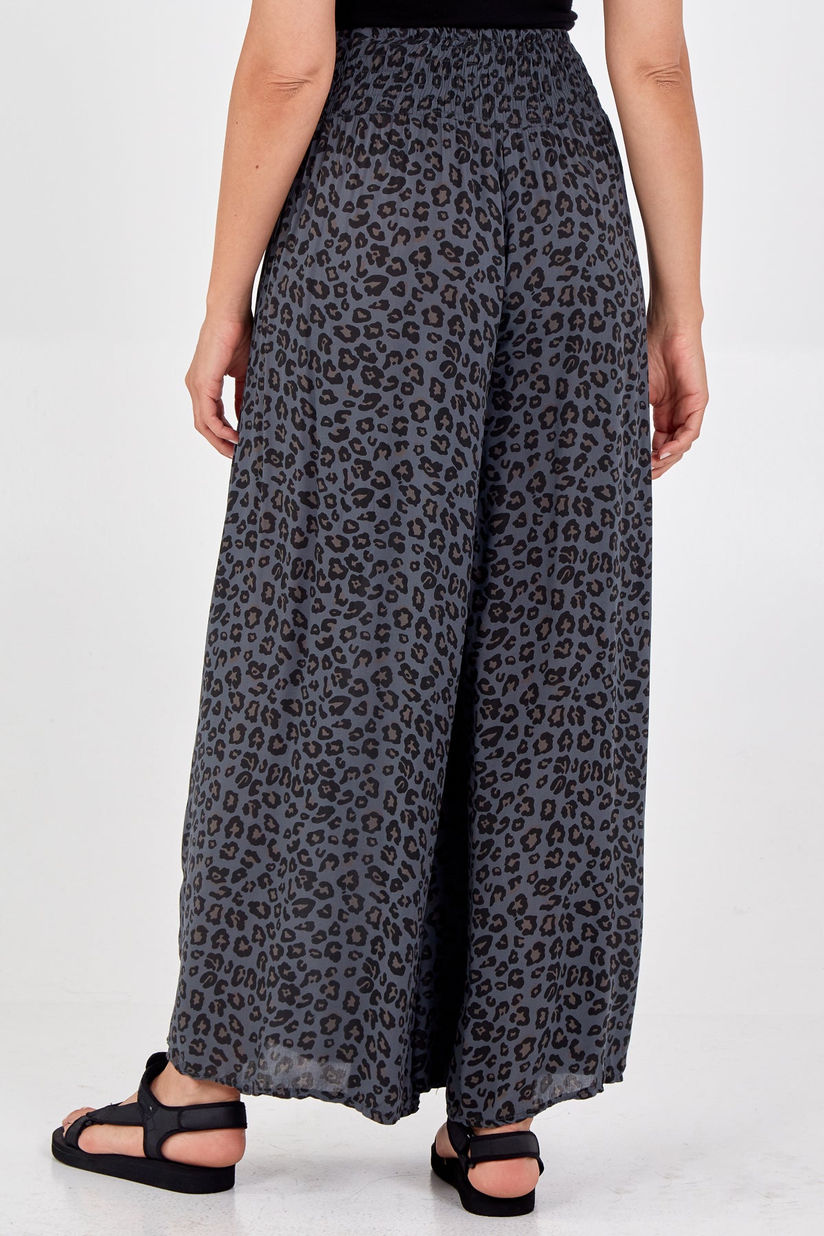 Leopard Print Ruched Waist Wide Leg Trousers