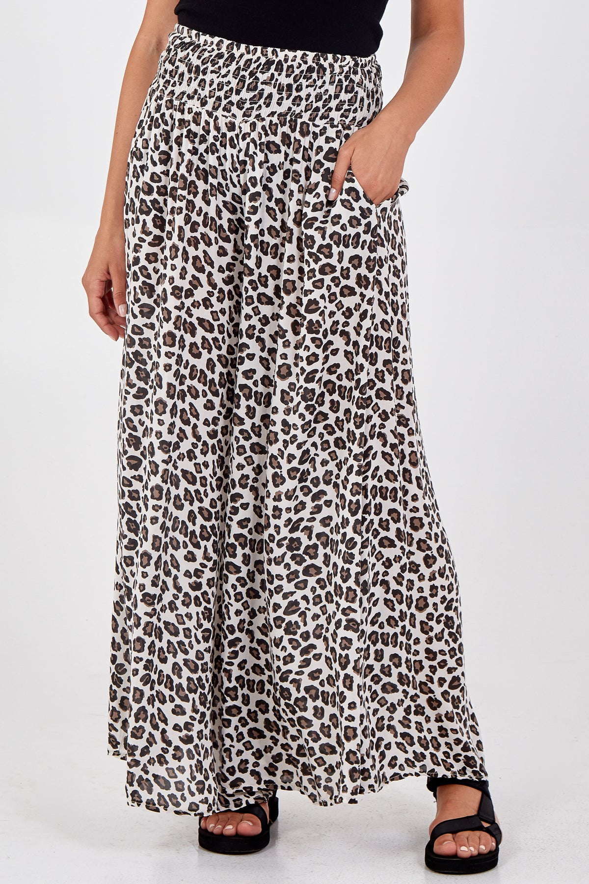 Leopard Print Ruched Waist Wide Leg Trousers