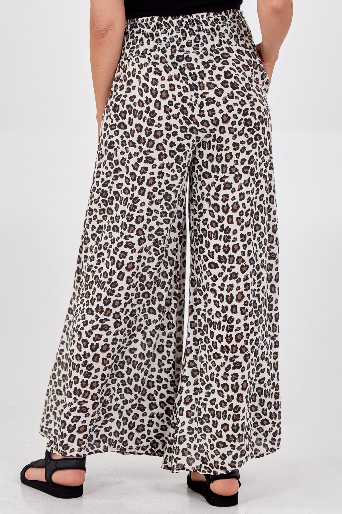 Leopard Print Ruched Waist Wide Leg Trousers