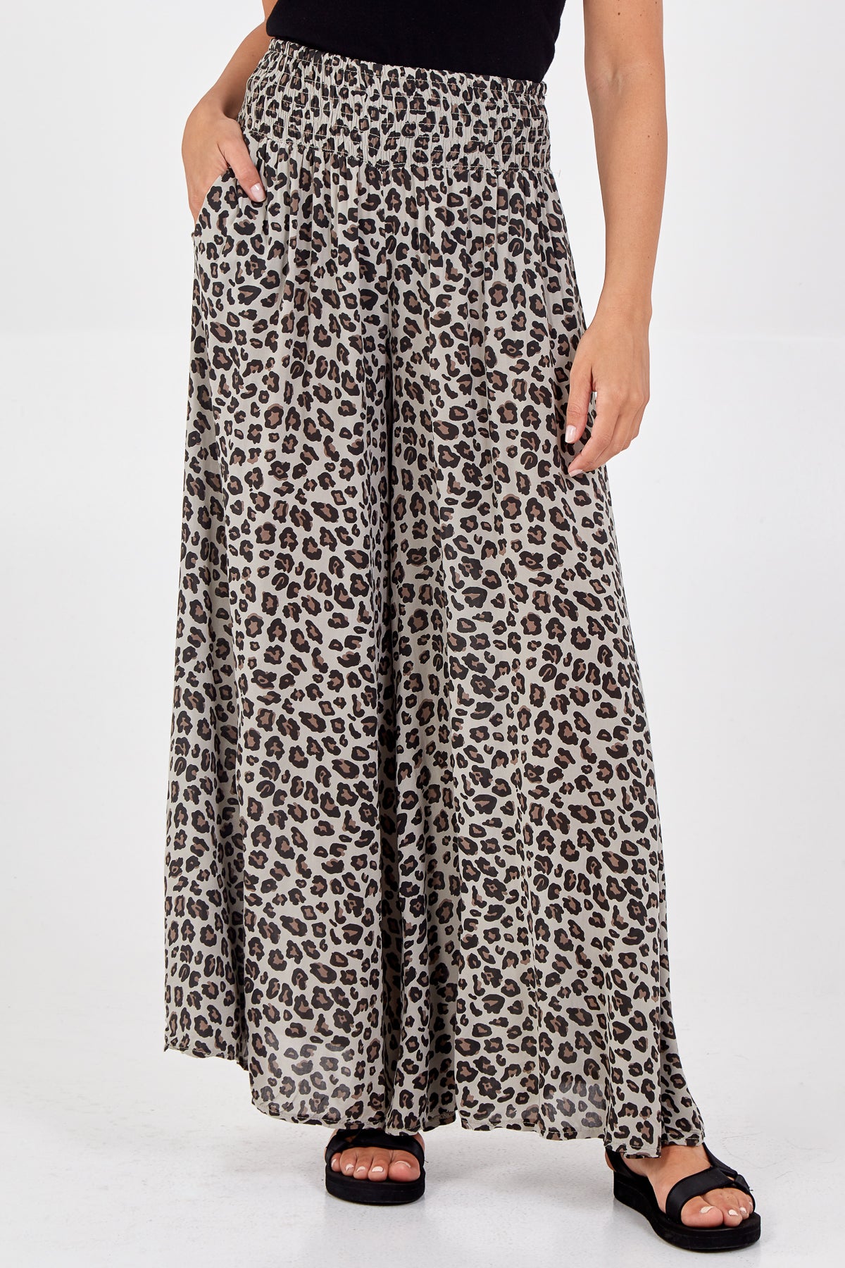 Leopard Print Ruched Waist Wide Leg Trousers