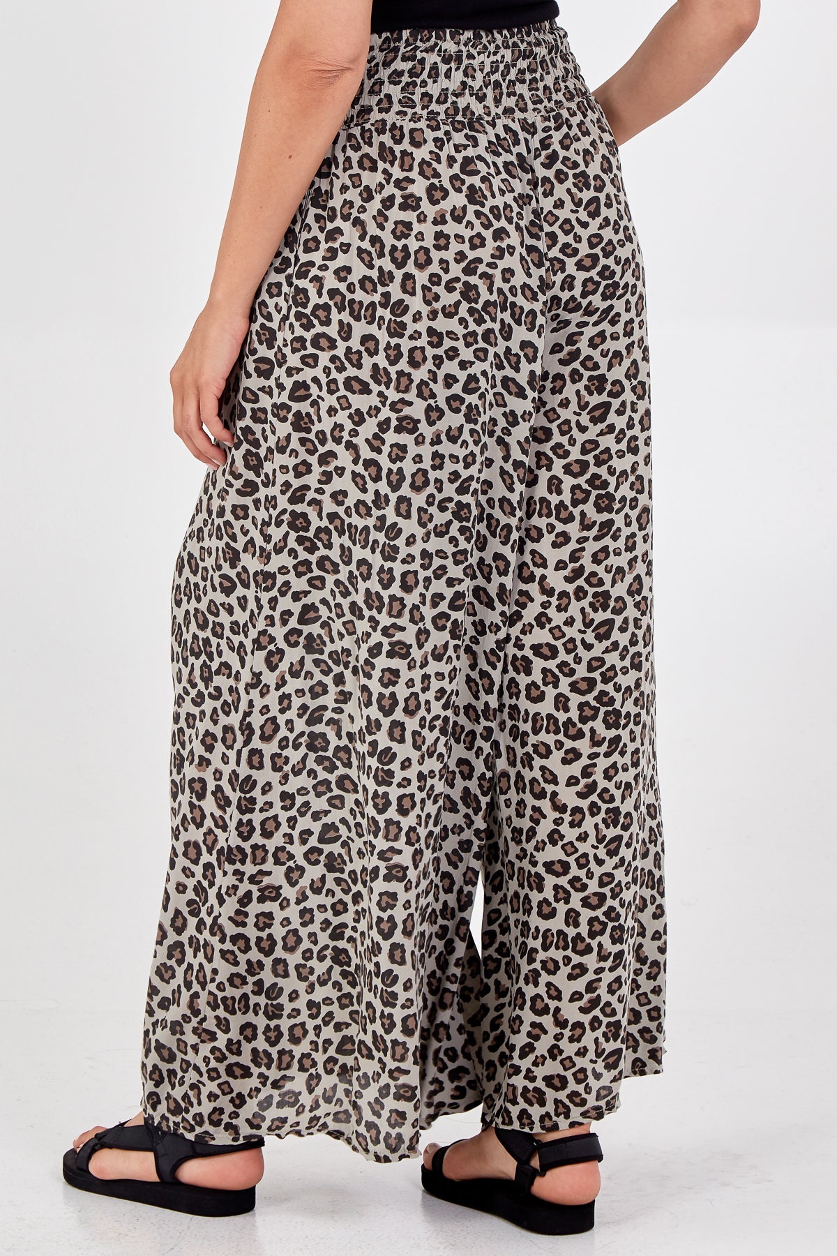 Leopard Print Ruched Waist Wide Leg Trousers