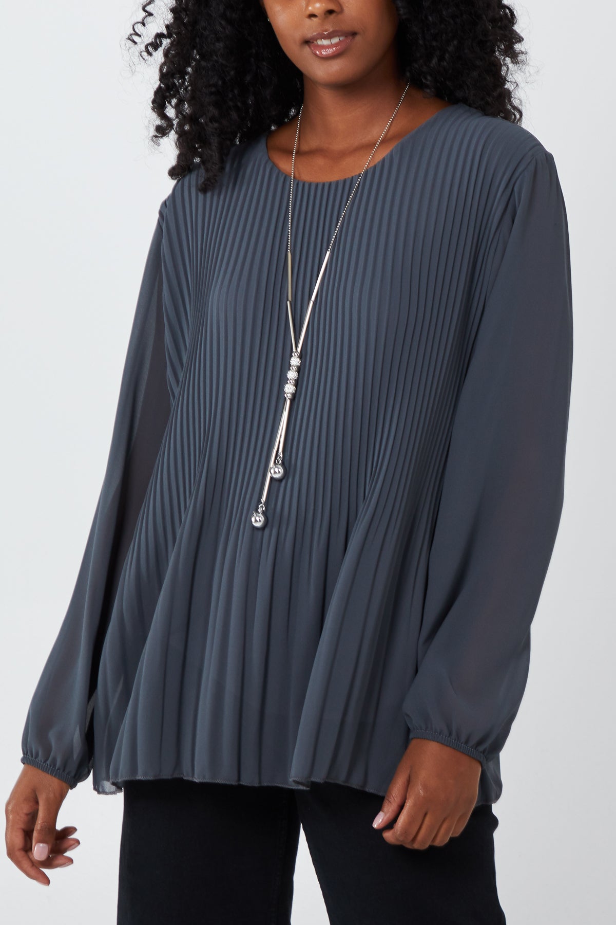 Pleated Long Sleeve Necklace Top