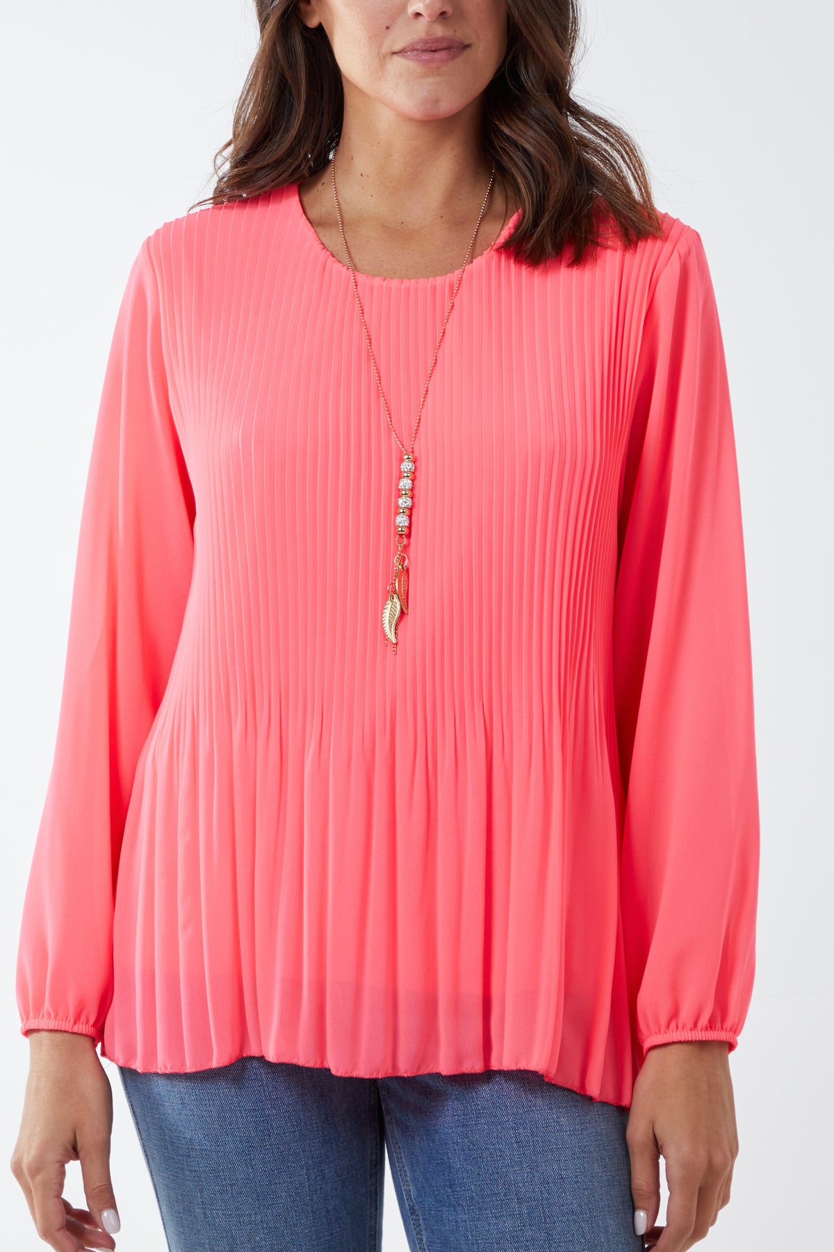 Pleated Long Sleeve Necklace Top