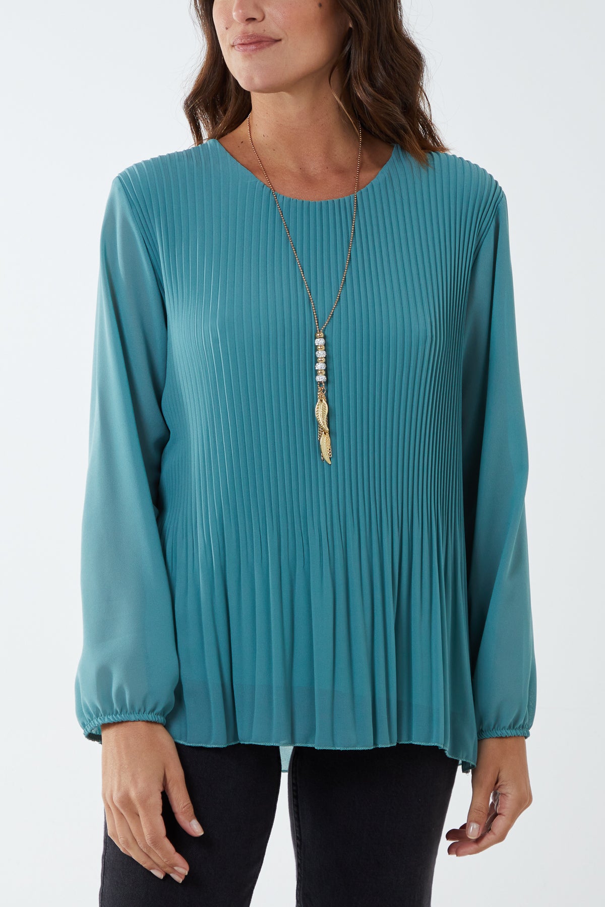 Pleated Long Sleeve Necklace Top