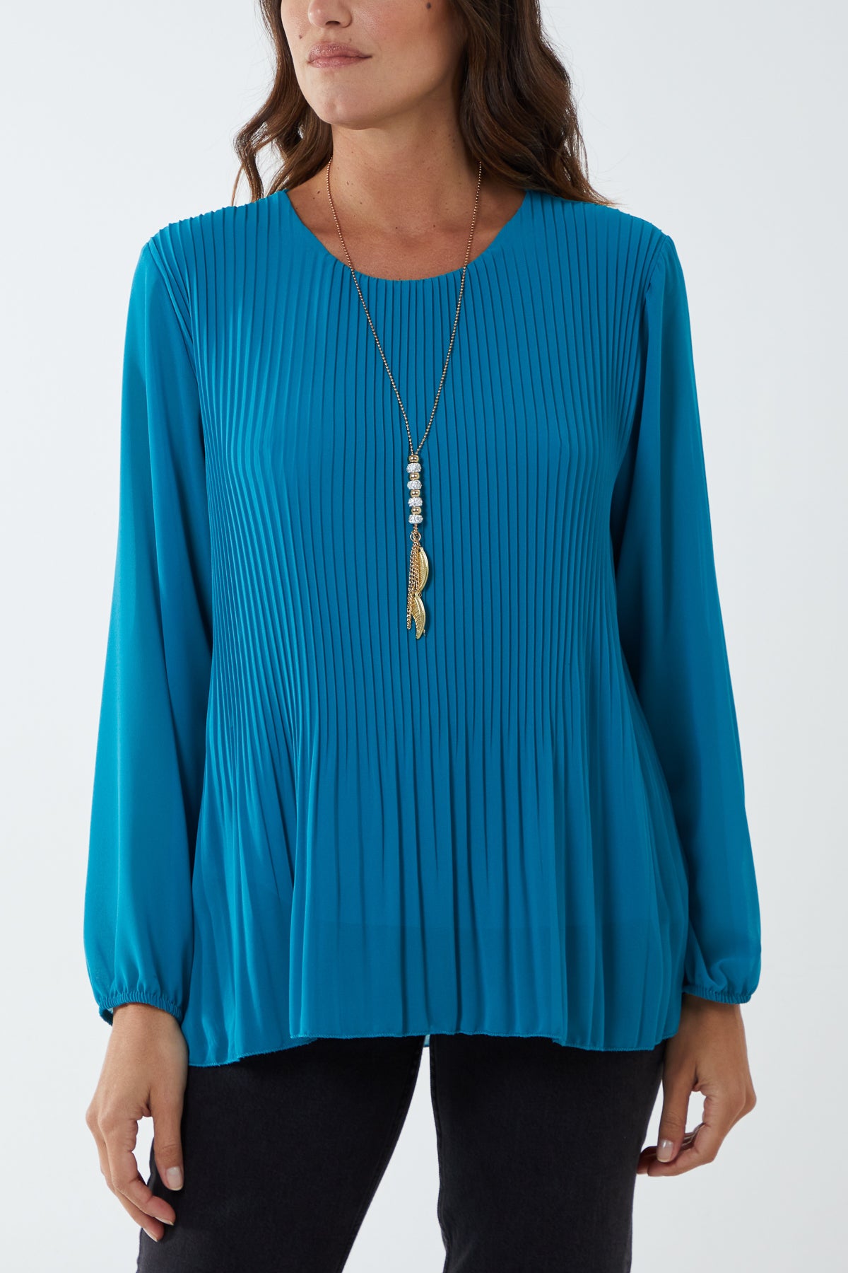 Pleated Long Sleeve Necklace Top